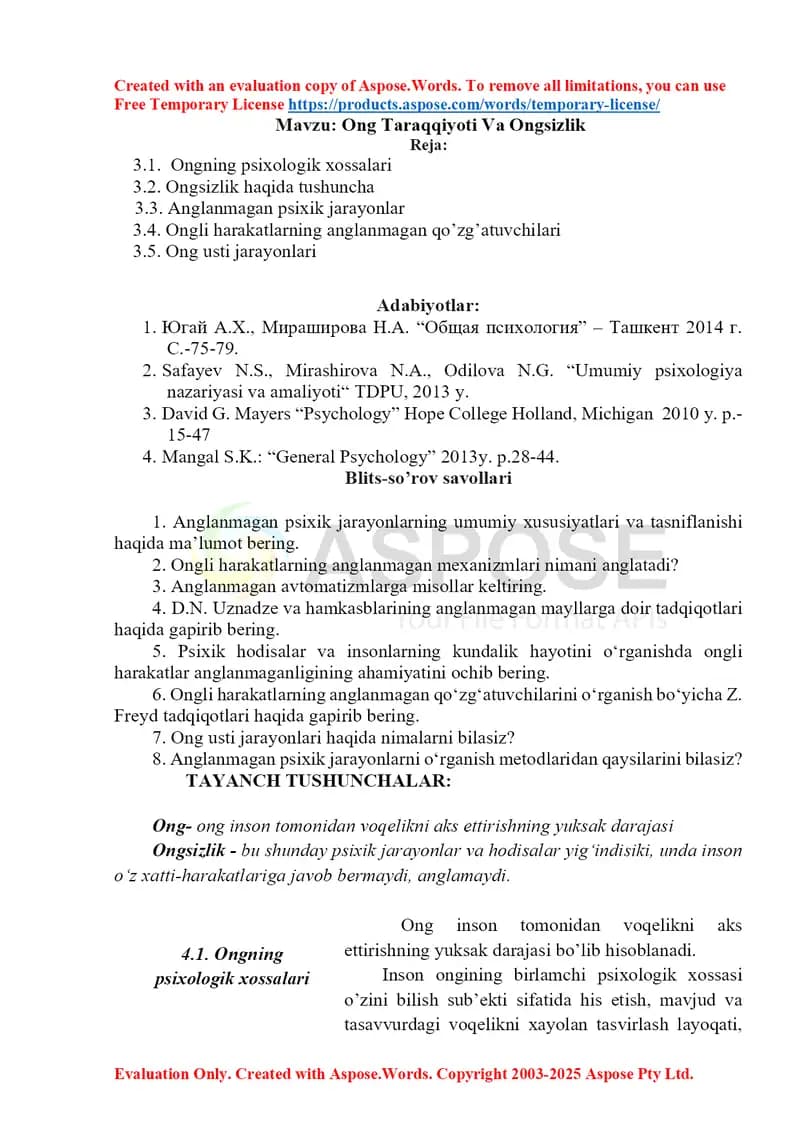 Ong Taraqqiyoti Va Ongsizlik