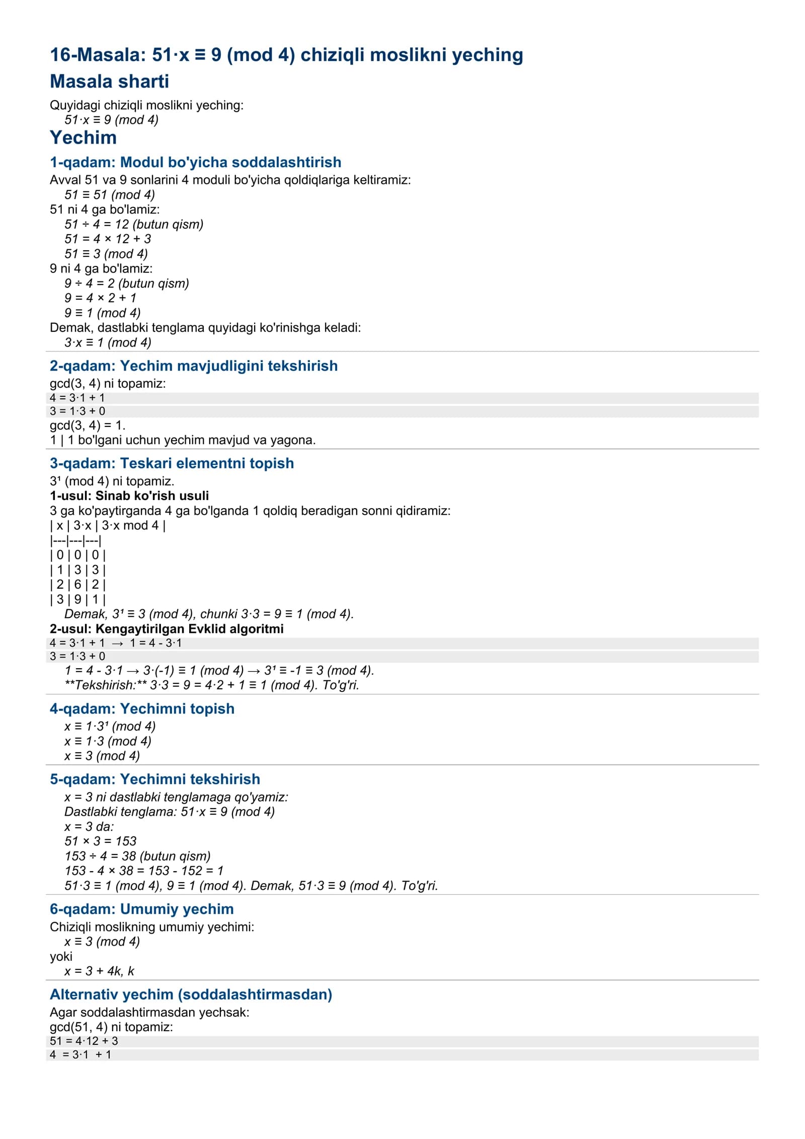 16-Masala: 51·x ≡ 9 (mod