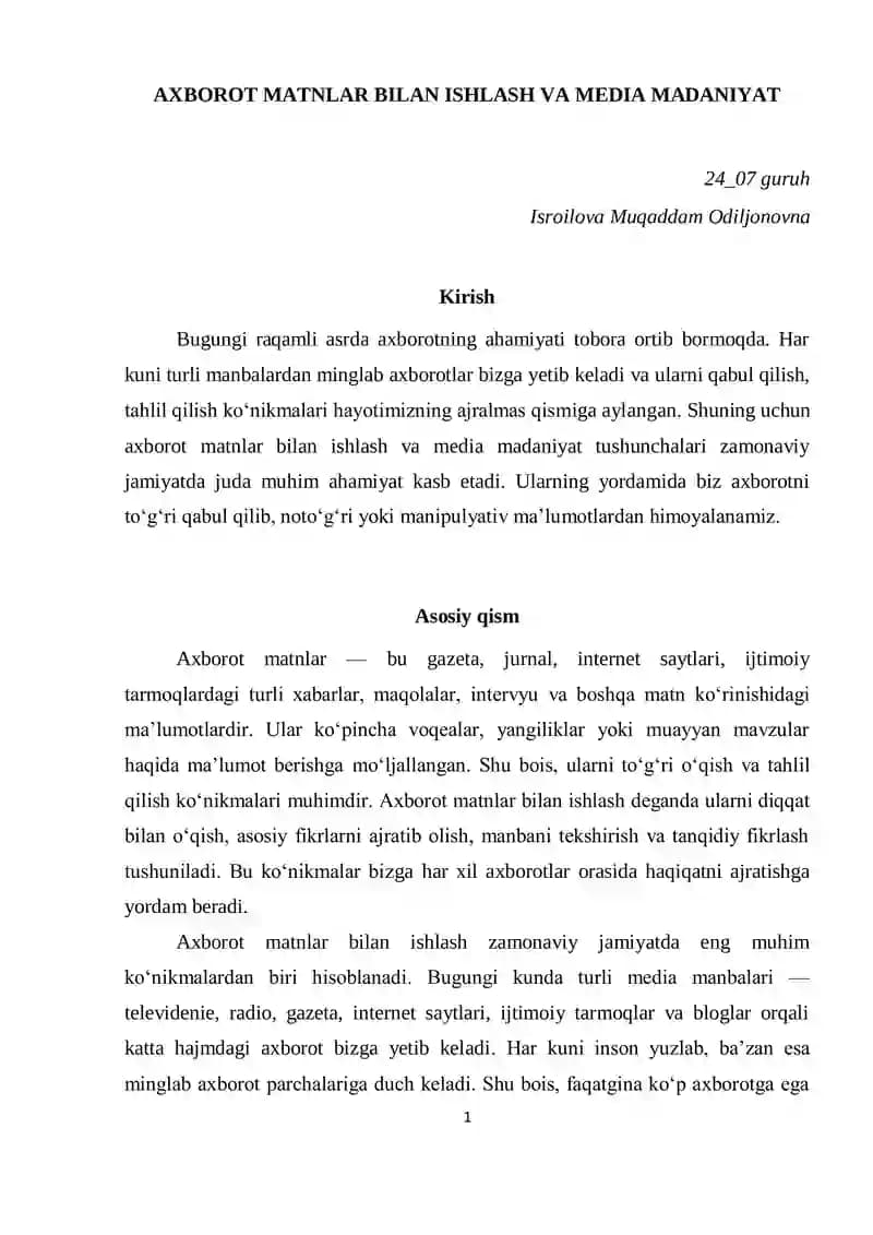 Axborot Matnlar Bilan Ishlash va Media Madaniyat