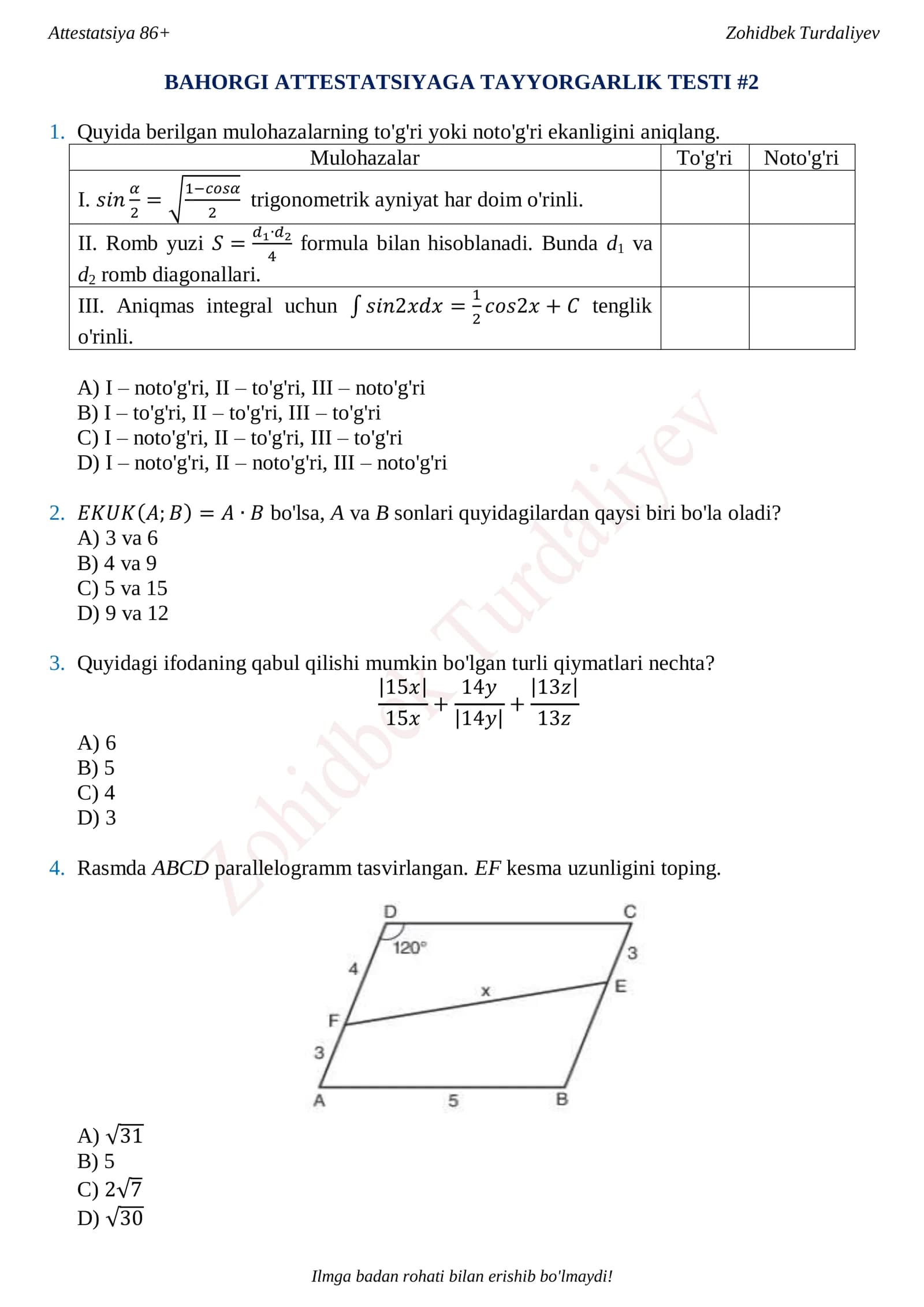BAHORGI ATTESTATSIYAGA TAYYORGARLIK TESTI #2