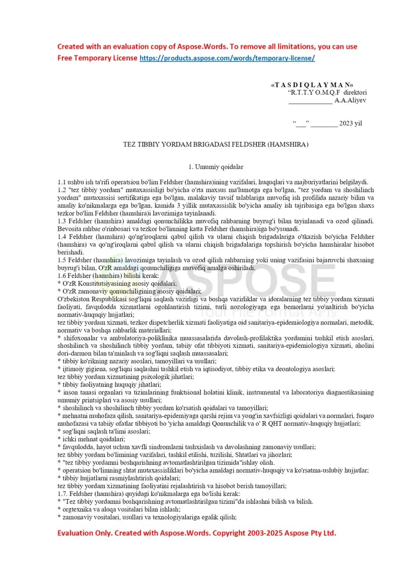 Tez Tibbiy Yordam Brigadasi Feldsher (Hamshira)