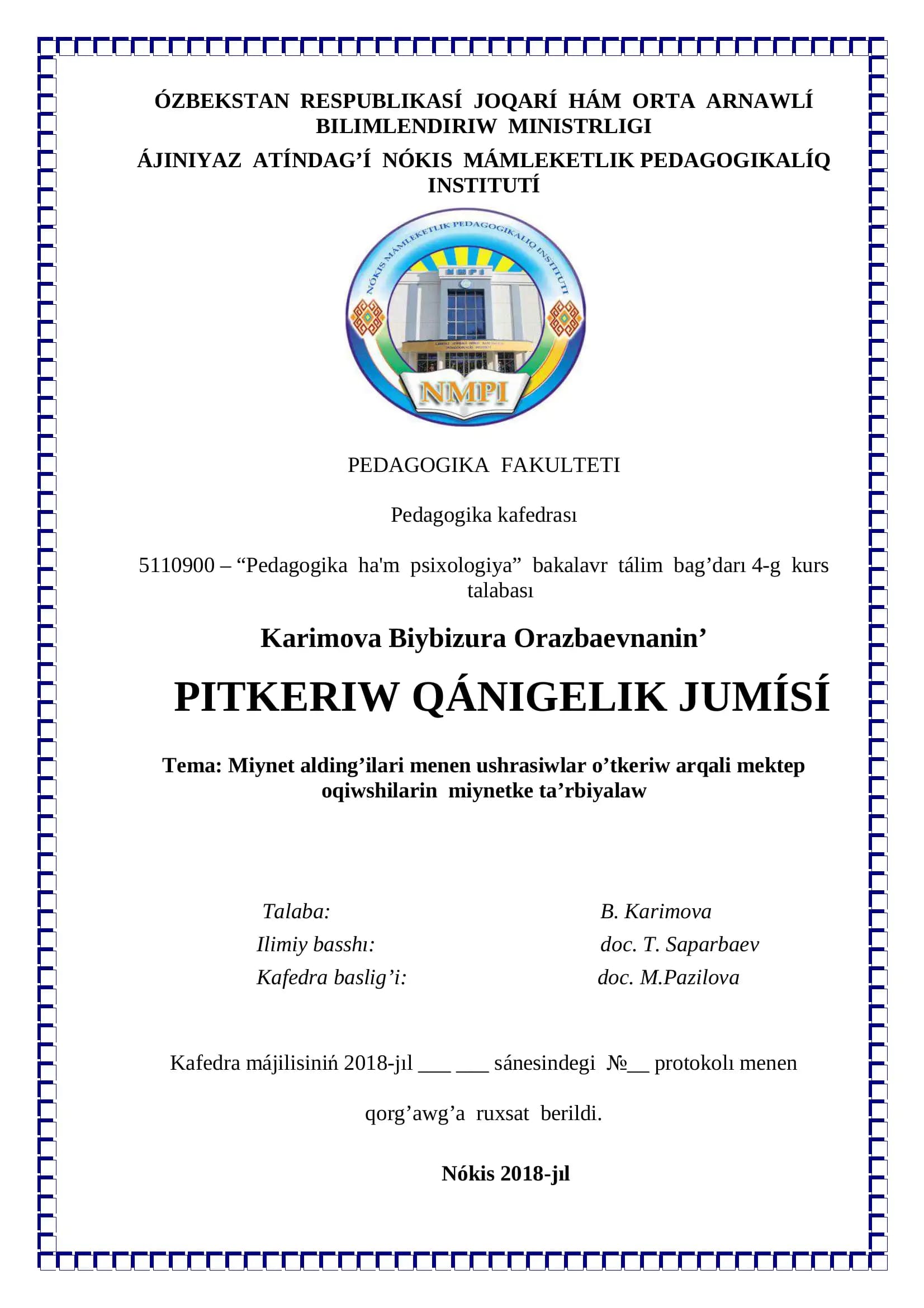 Pitkeriw qánigelik jumísi