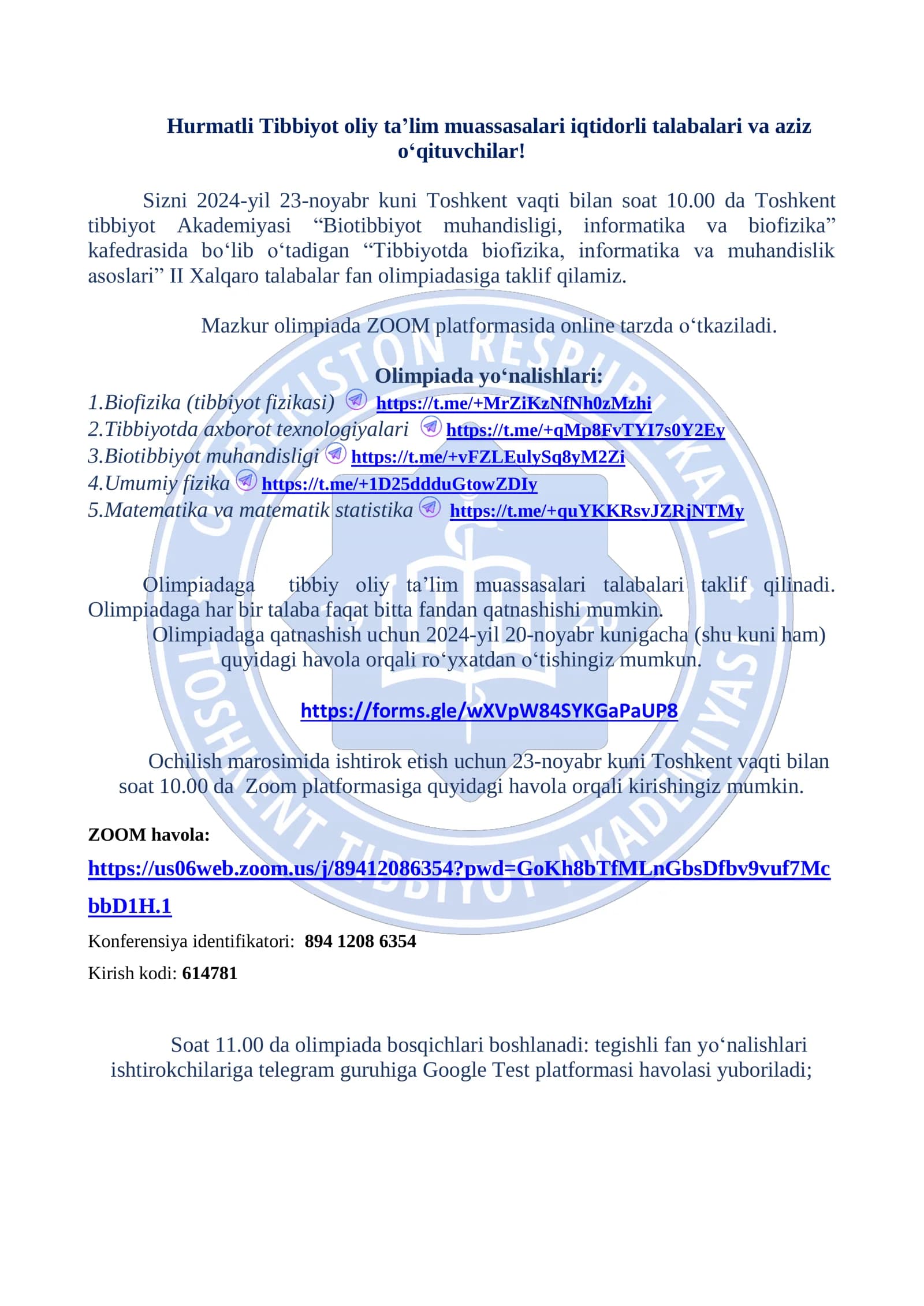 Tibbiyotda biofizika, informatika va muhandislik asoslari