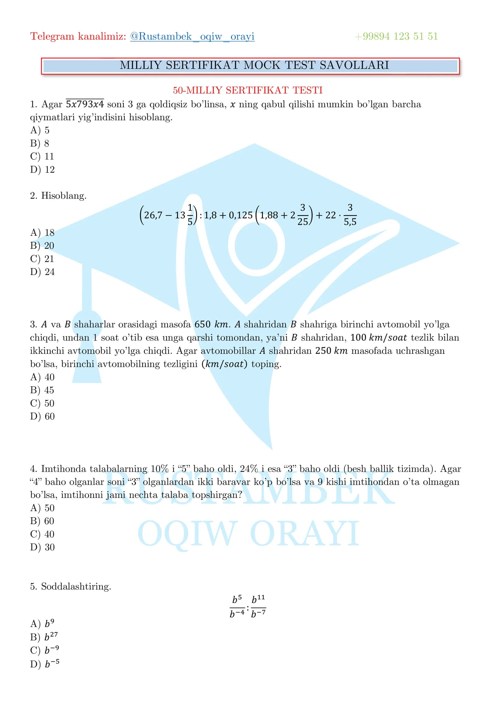 MILLIY SERTIFIKAT MOCK TEST SAVOLLARI