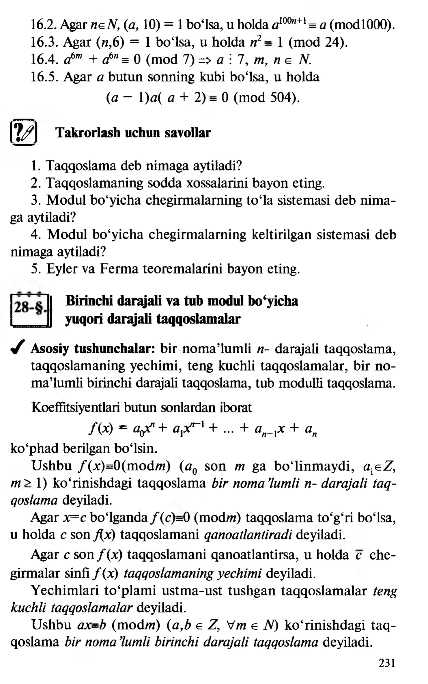 Taqqoslamalar va modul cheqishlar