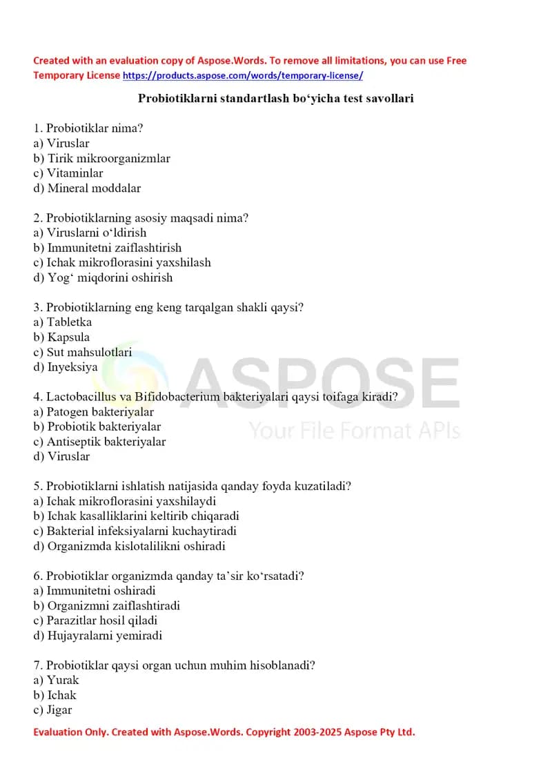 Probiotiklarni standartlash bo‘yicha test savollari 30 ta. Javobli.