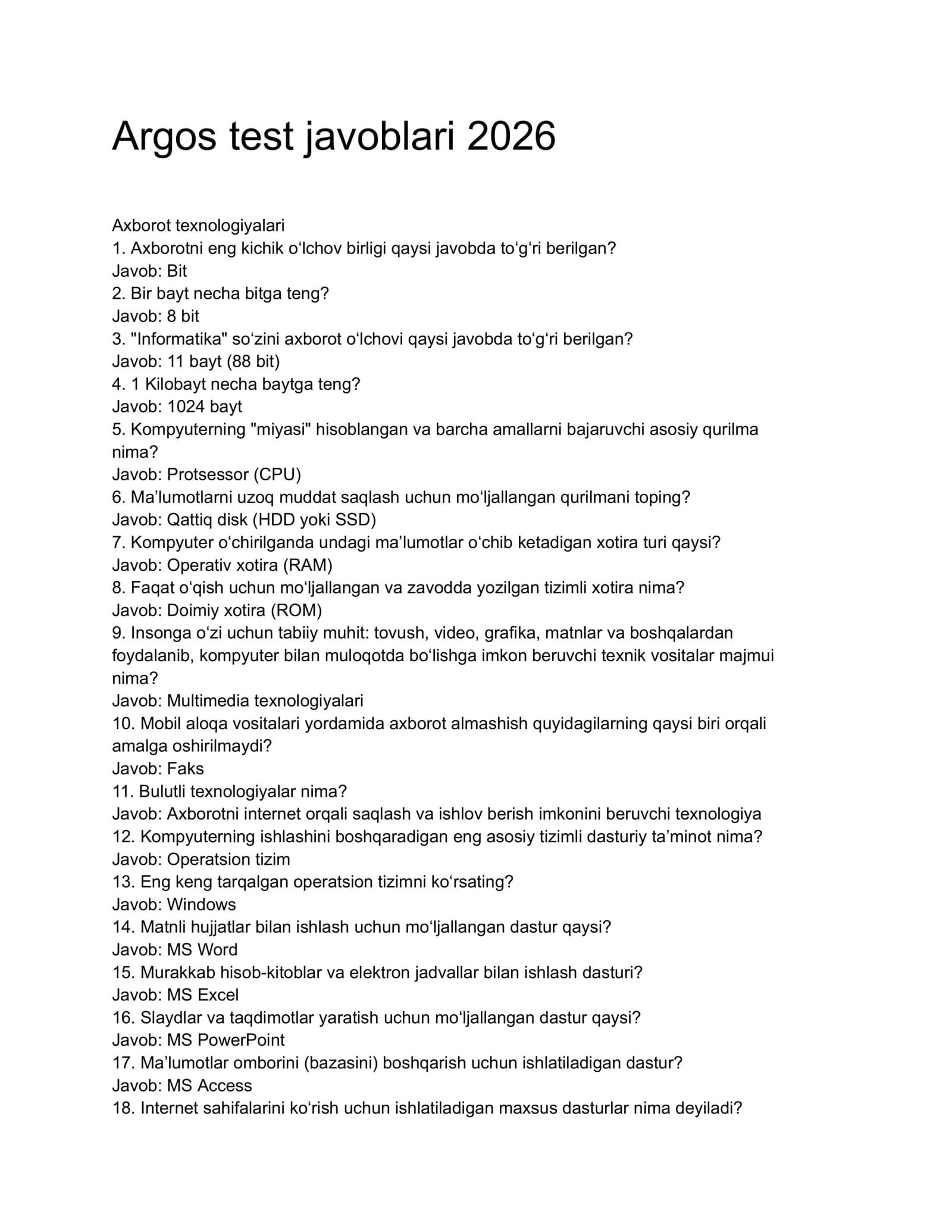 Argos Axborot texnologiya test 2026