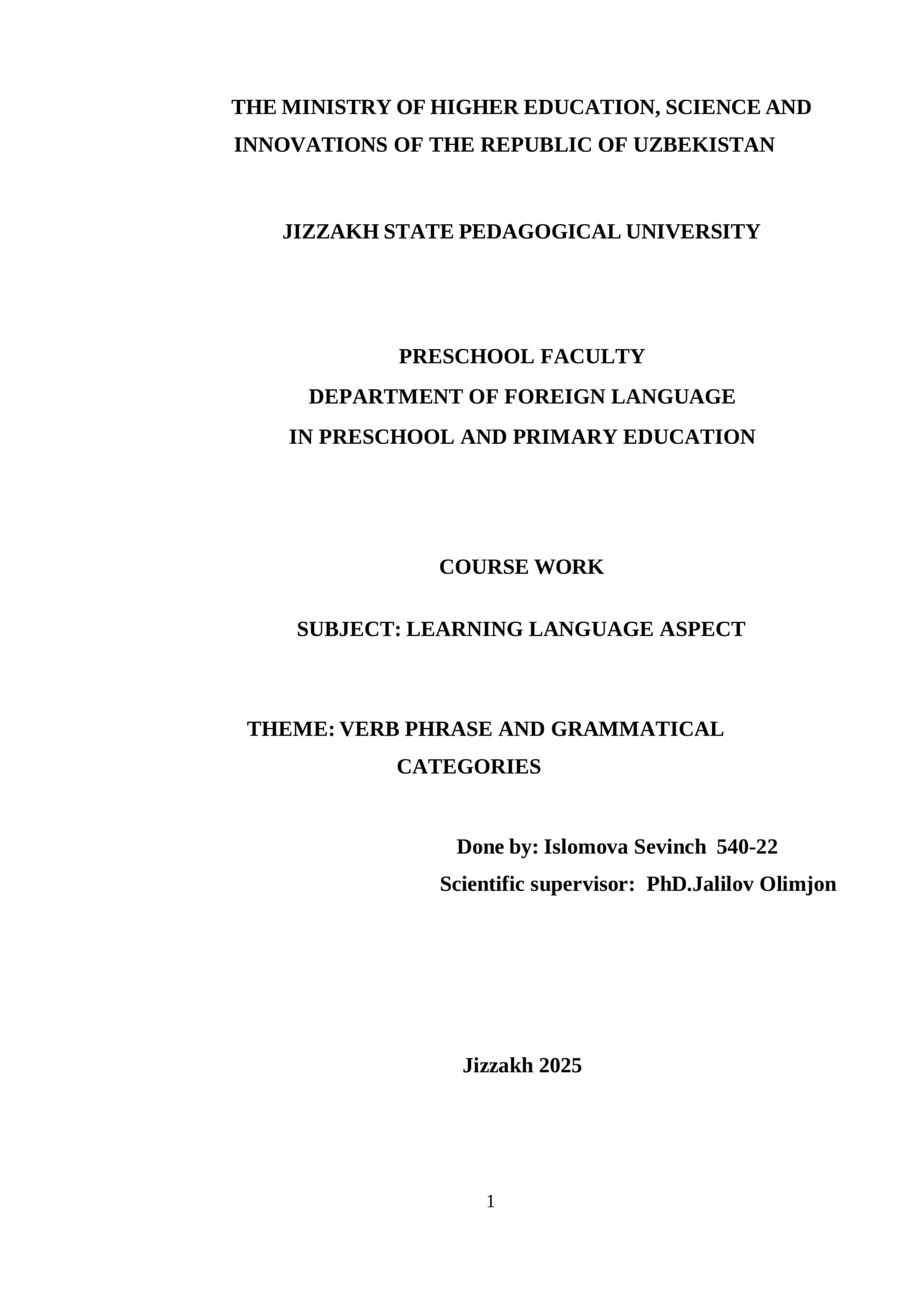 COURSE WORK ON LEARNING LANGUAGE ASPECT