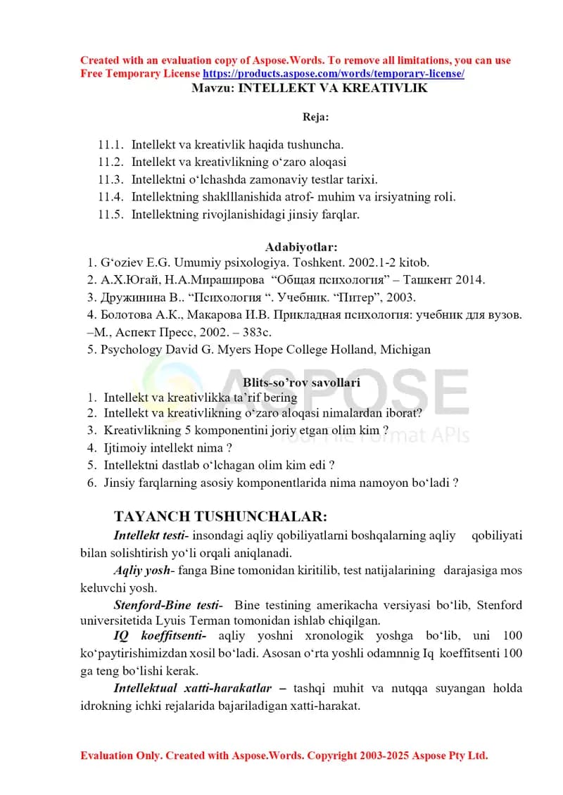 Intellekt va kreativlik haqida tushuncha