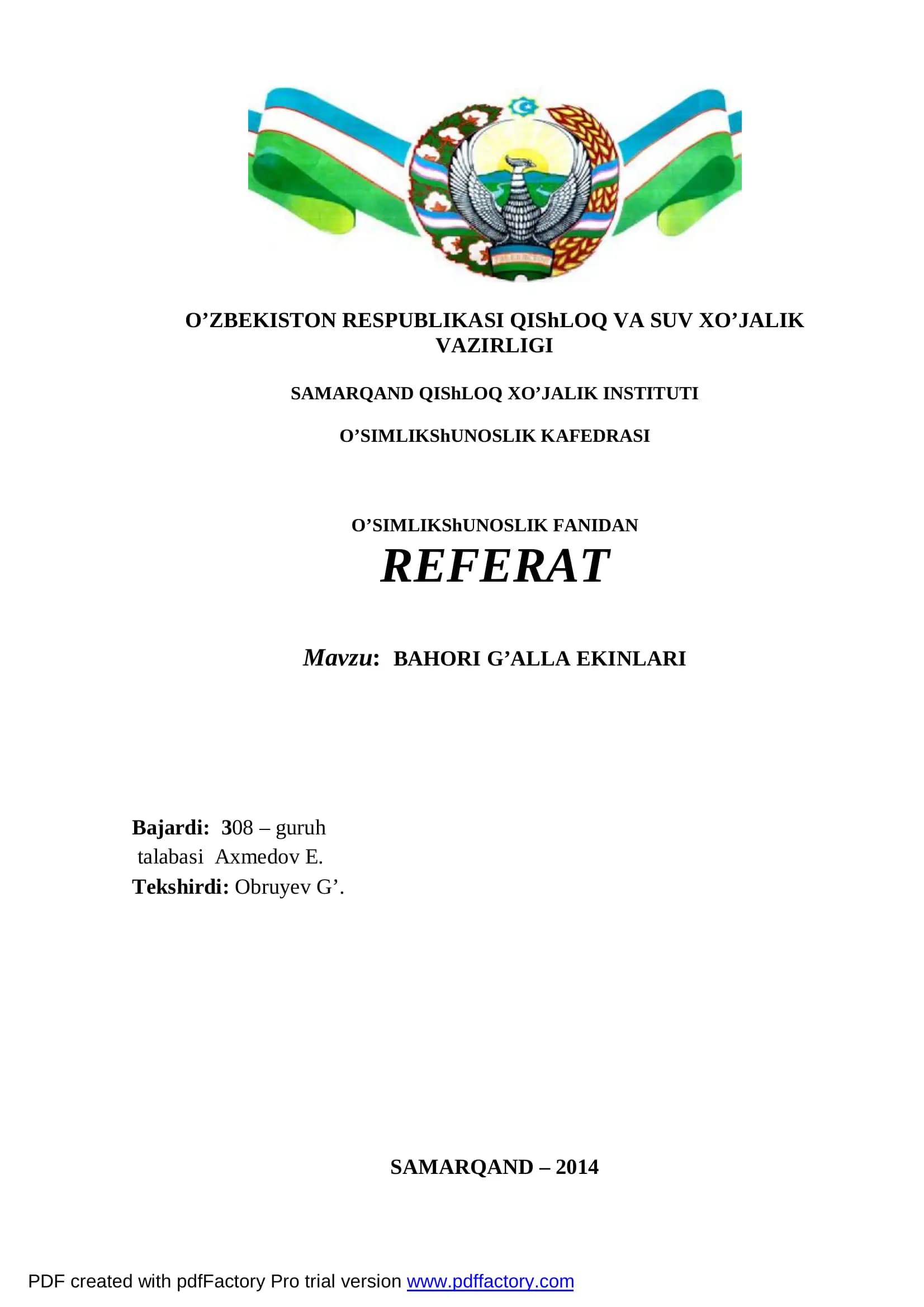 BAHORI G’ALLA EKINLARI