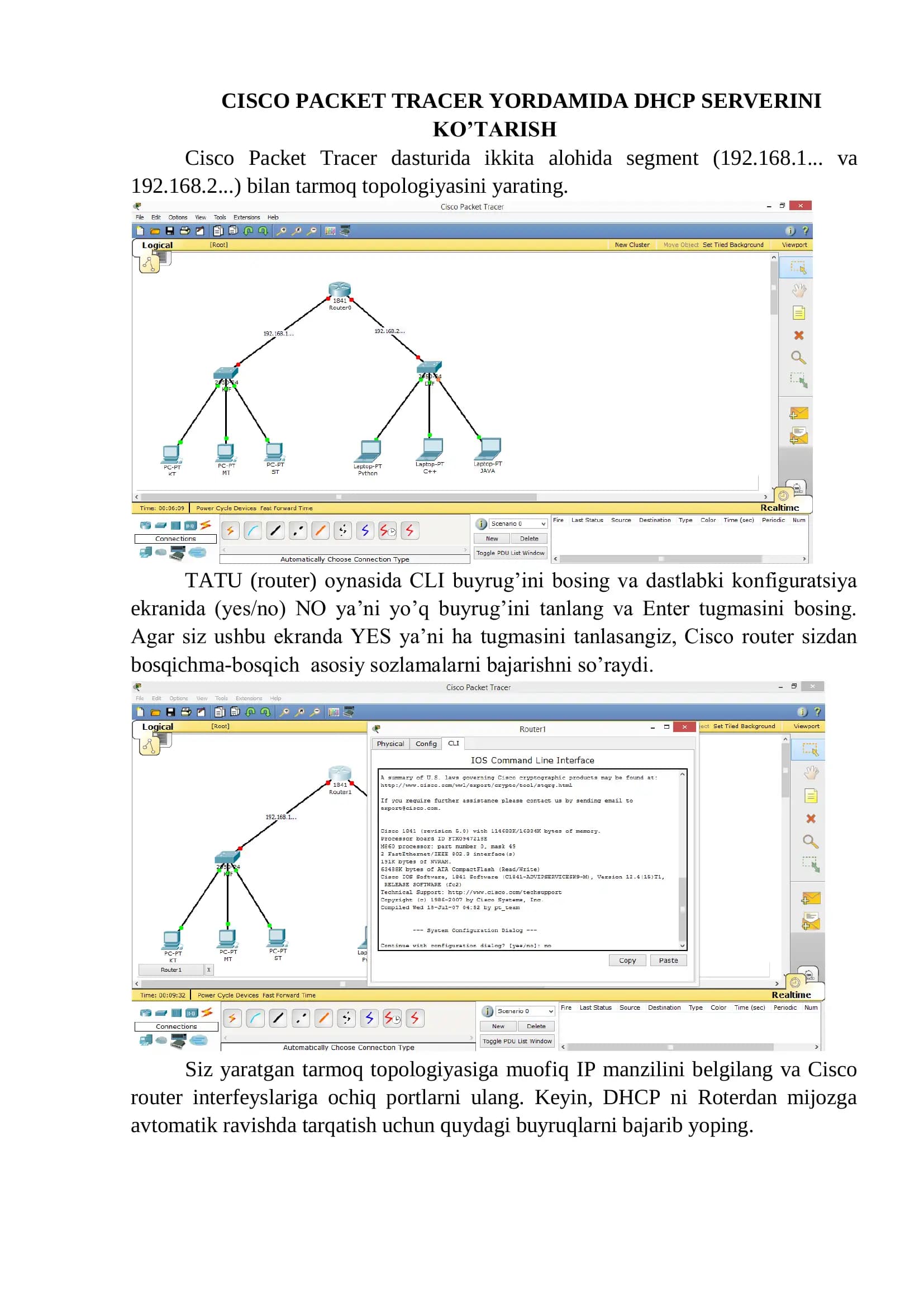 CISCO PACKET TRACER YORDAMIDA DHCP SERVERINI KO’TARISH