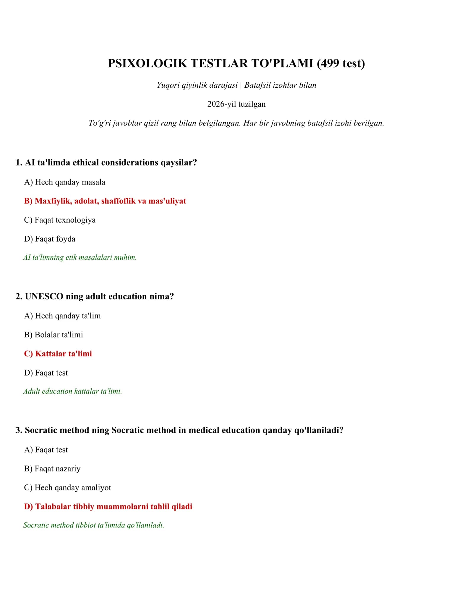 PSIXOLOGIK TESTLAR TO'PLAMI (499 test)