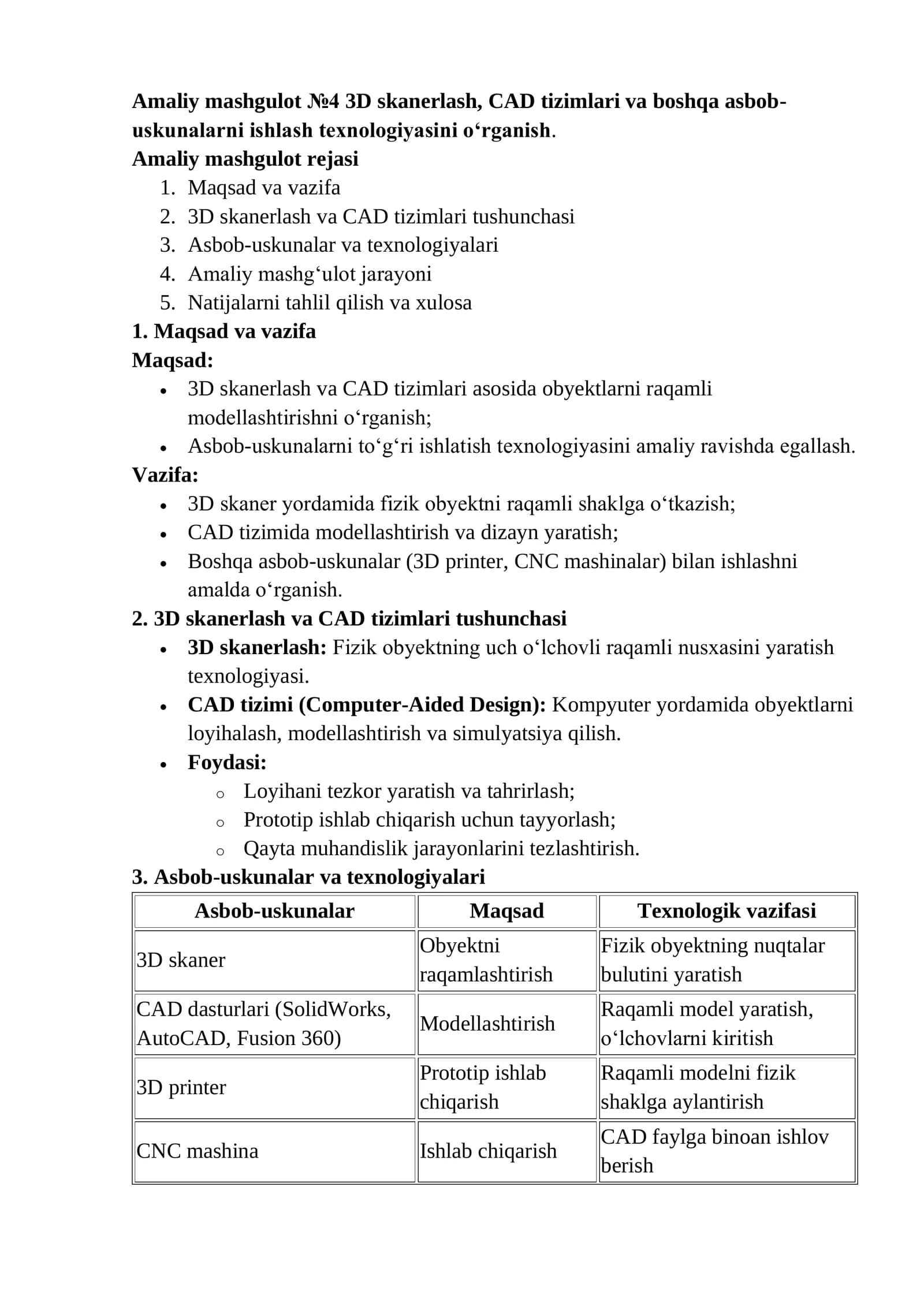 Amaliy mashgulot №4 3D skanerlash, CAD tizimlari va boshqa asbob-uskunalarni ishlash texnologiyasini o‘rganish