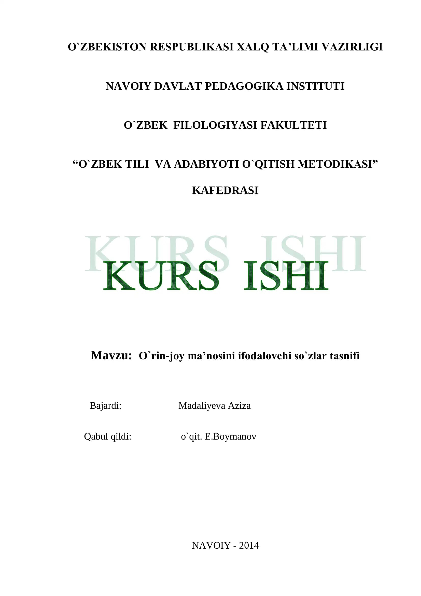 O`rin-joy ma’nosini ifodalovchi so`zlar tasnifi
