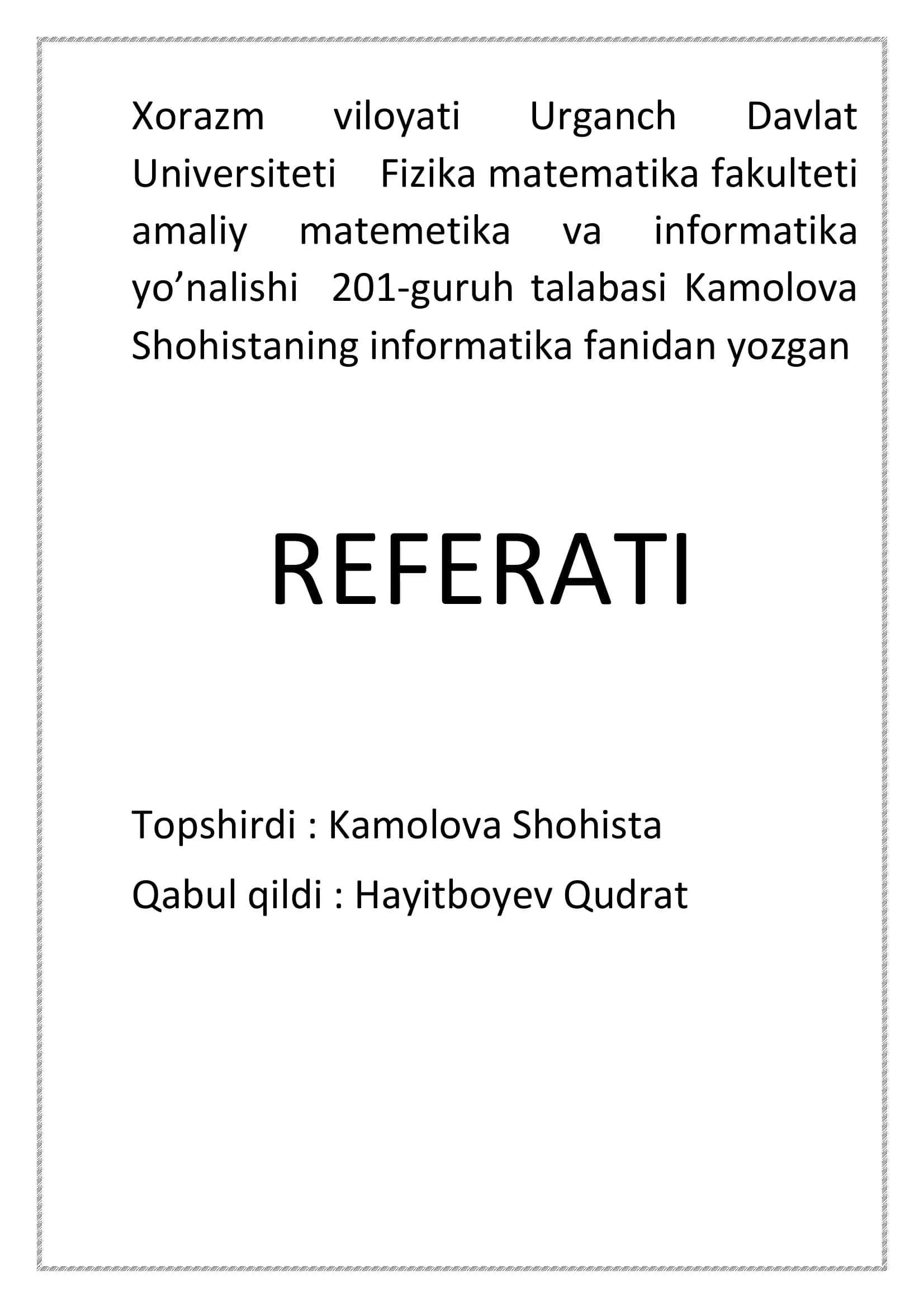 Informatika va Axborot texnalogiyalarining asosiy tushunchalari