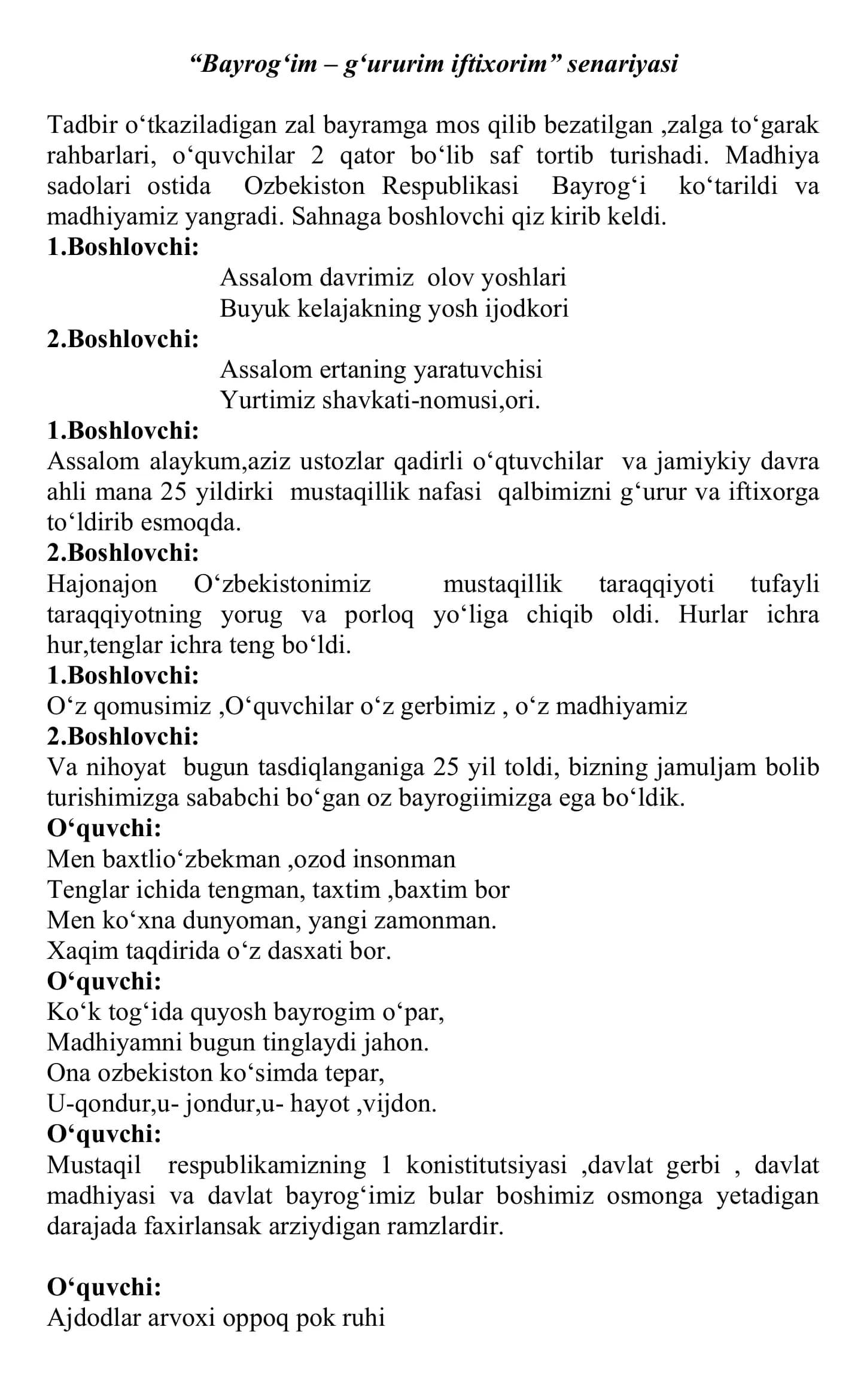 Bayrog‘im – g‘ururim iftixorim senariyasi