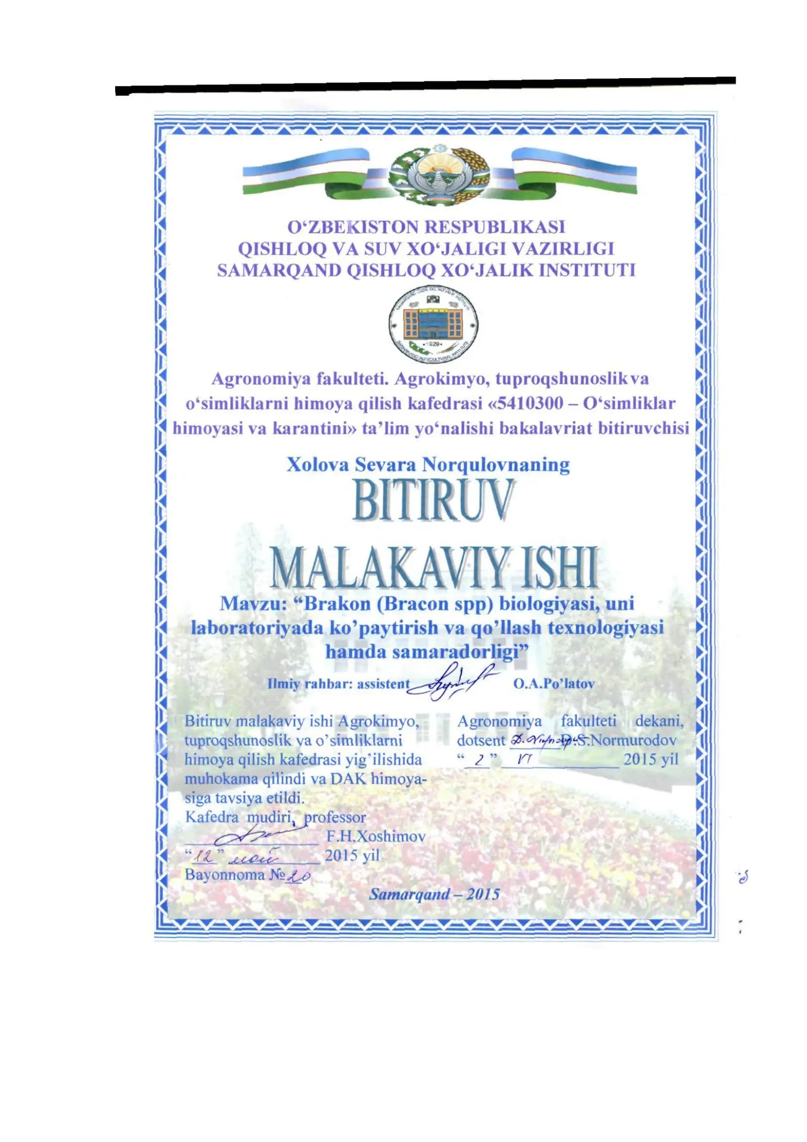 Brakon (Bracon spp) biologiyasi