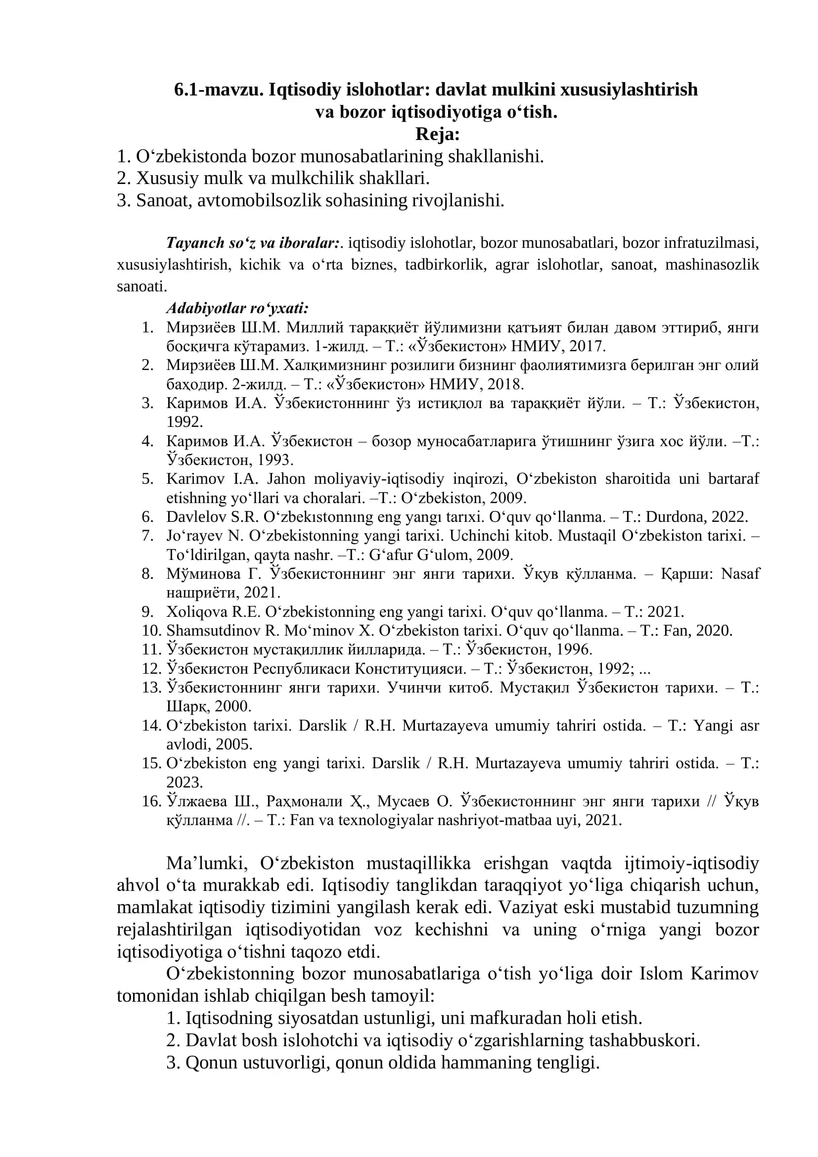 Iqtisodiy islohotlar: davlat mulkini xususiylashtirish va bozor iqtisodiyotiga o‘tish