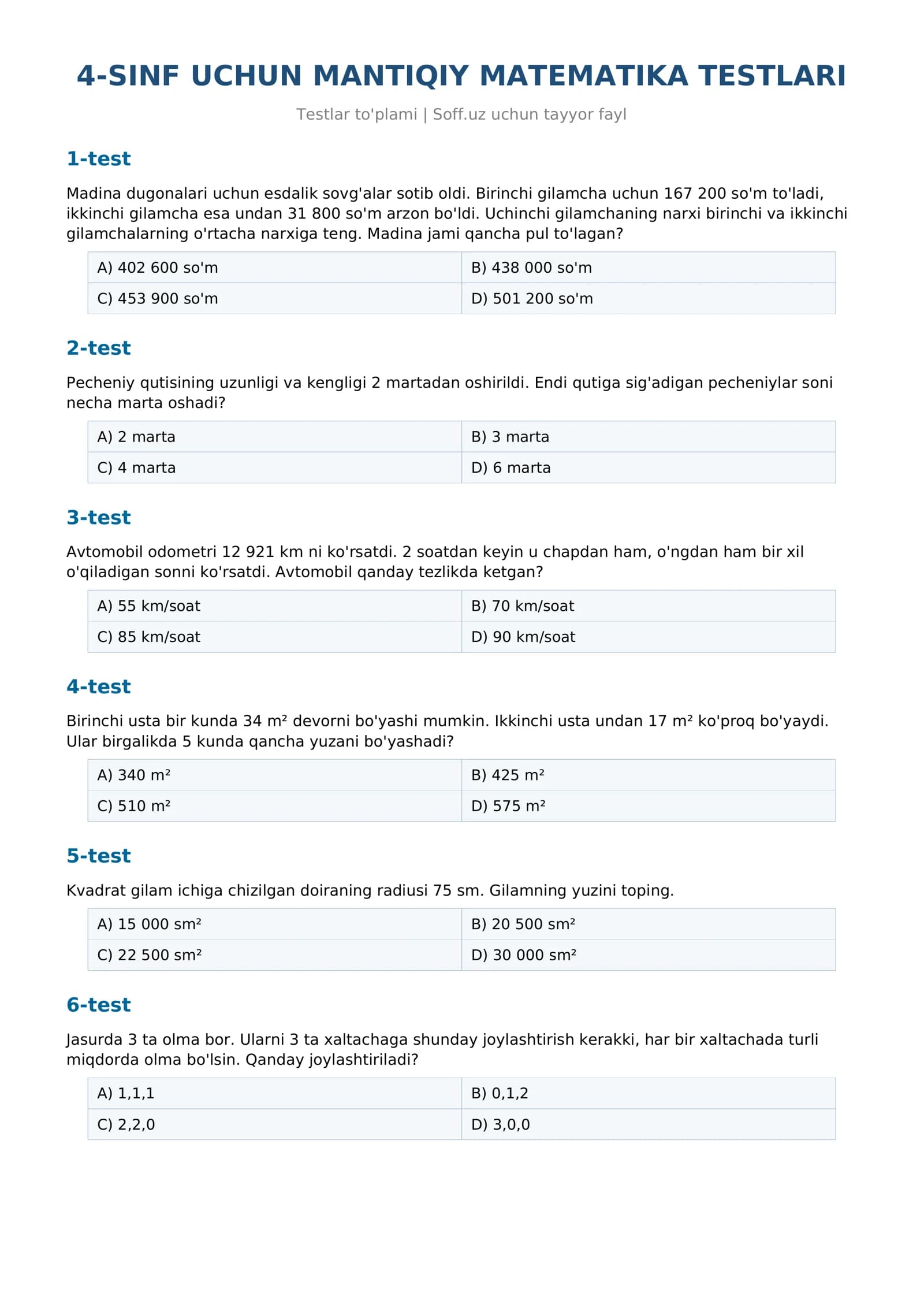 4-SINF UCHUN MANTIQIY MATEMATIKA TESTLARI