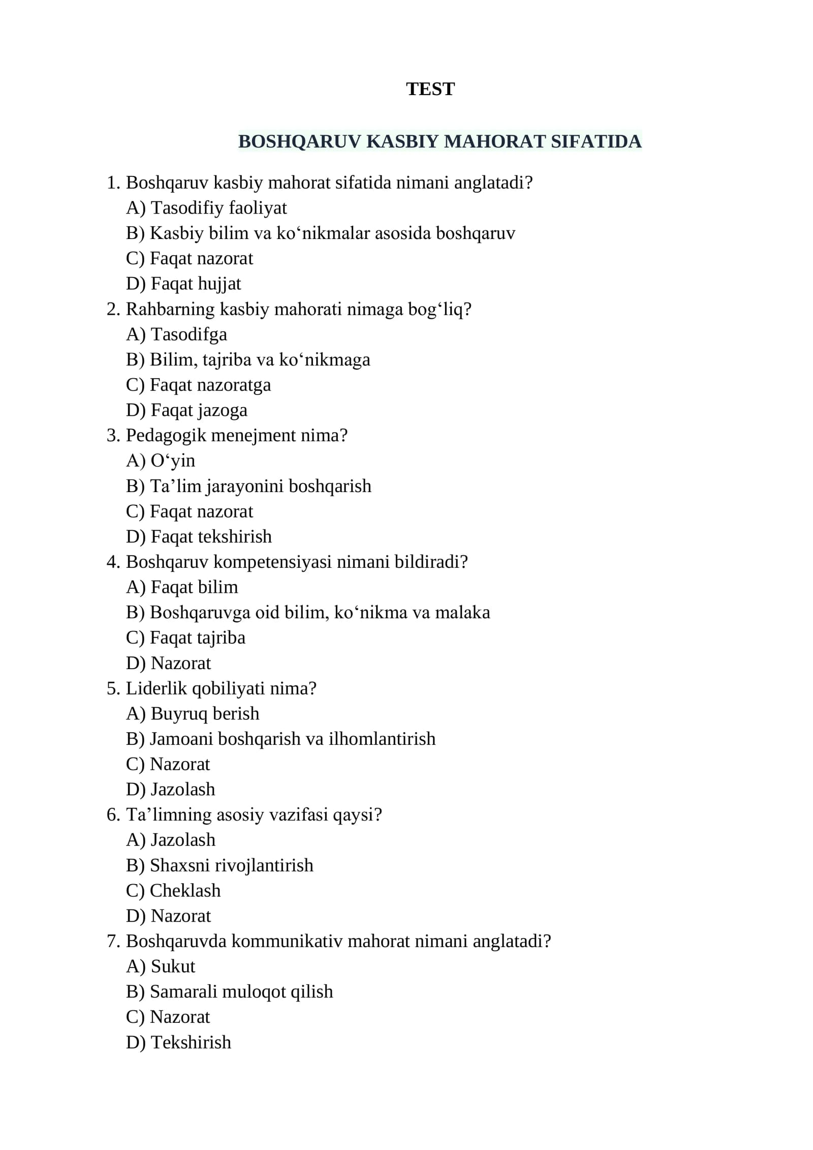 BOSHQARUV KASBIY MAHORAT SIFATIDA
