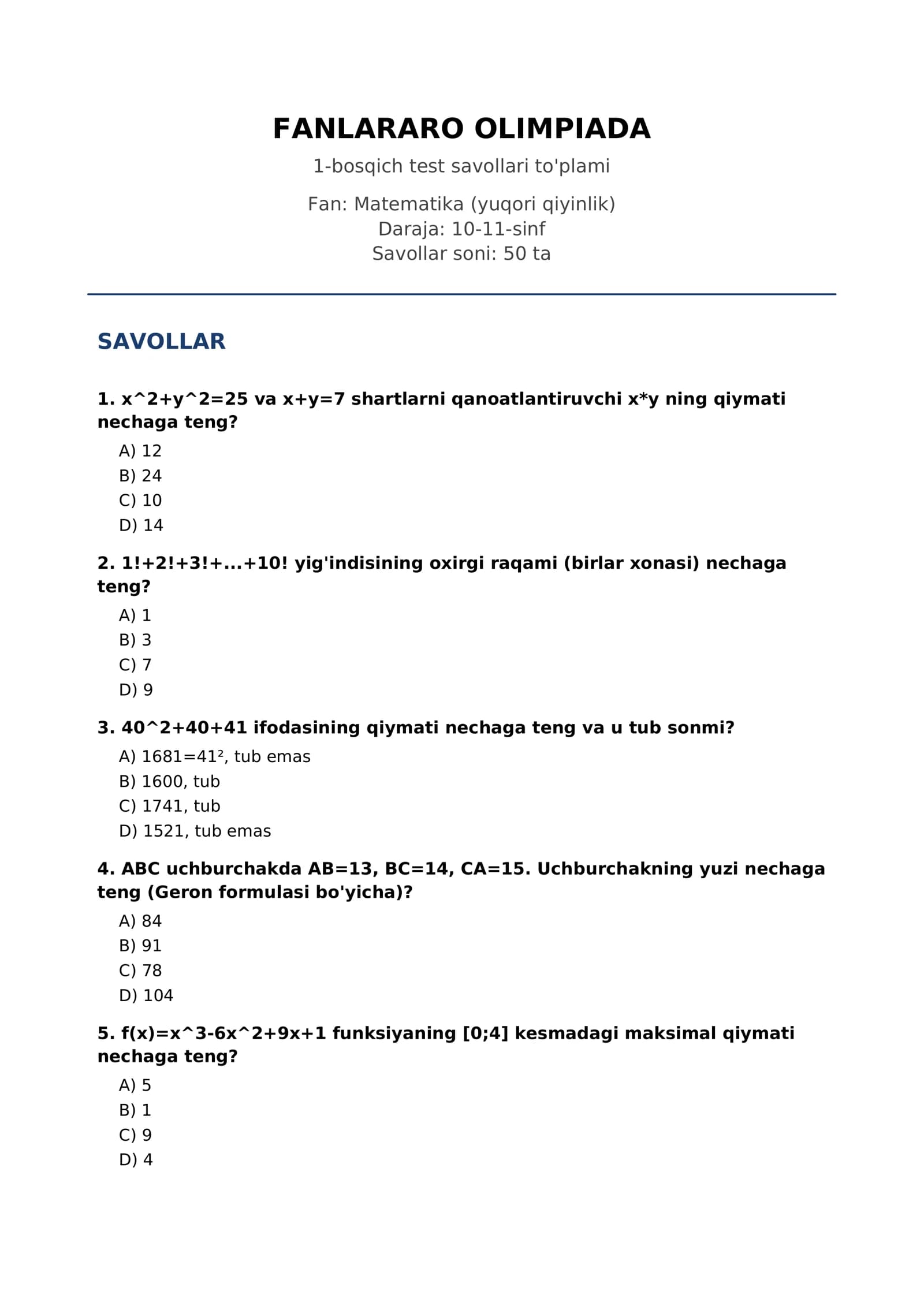 1-bosqich test savollari to'plami