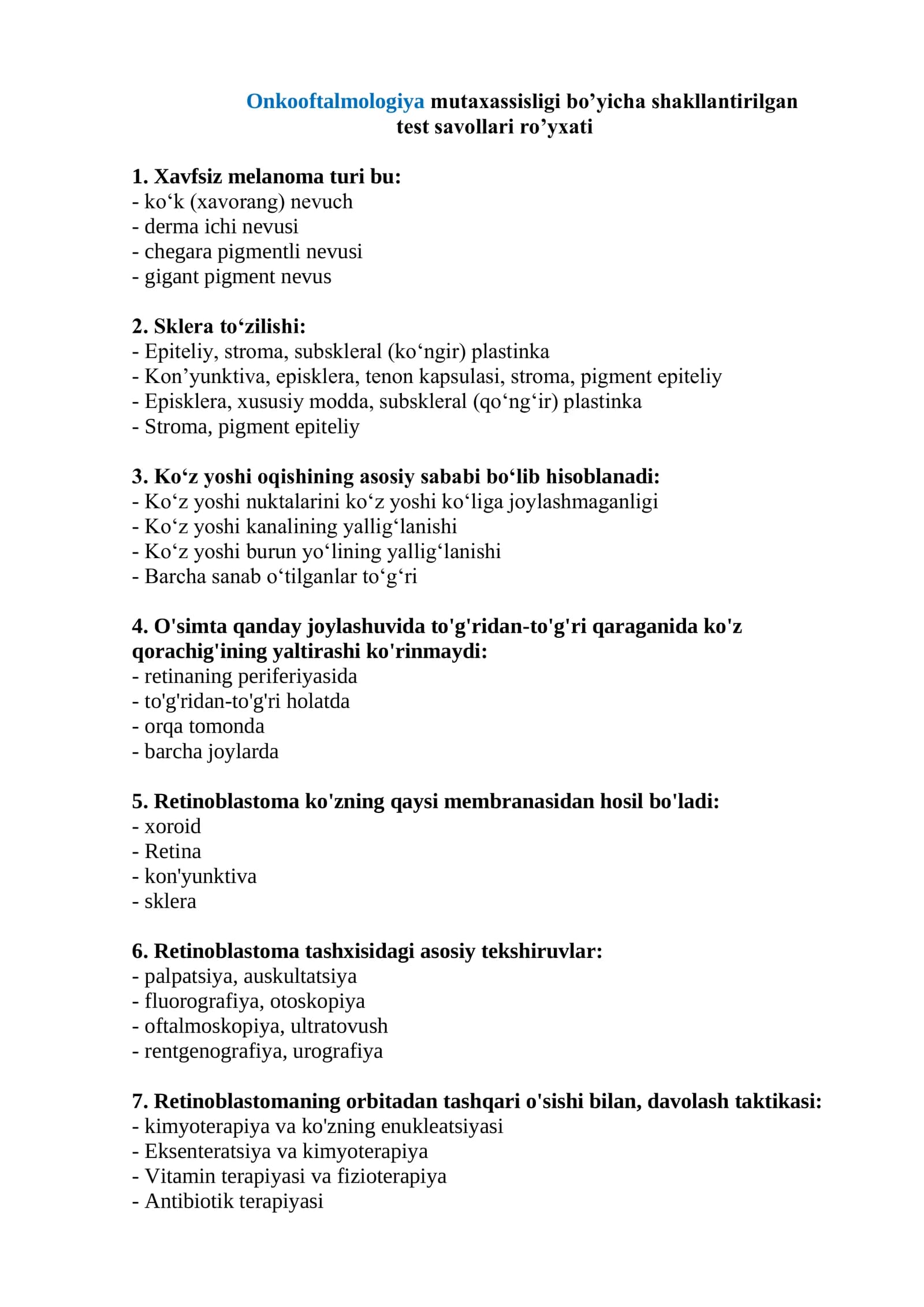 Onkooftalmologiya Mutaxassisligi Test Savollari 2026