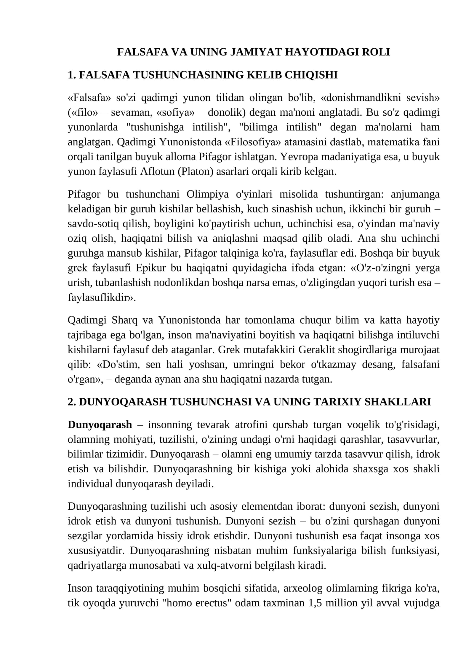 FALSAFA VA UNING JAMIYAT HAYOTIDAGI ROLI