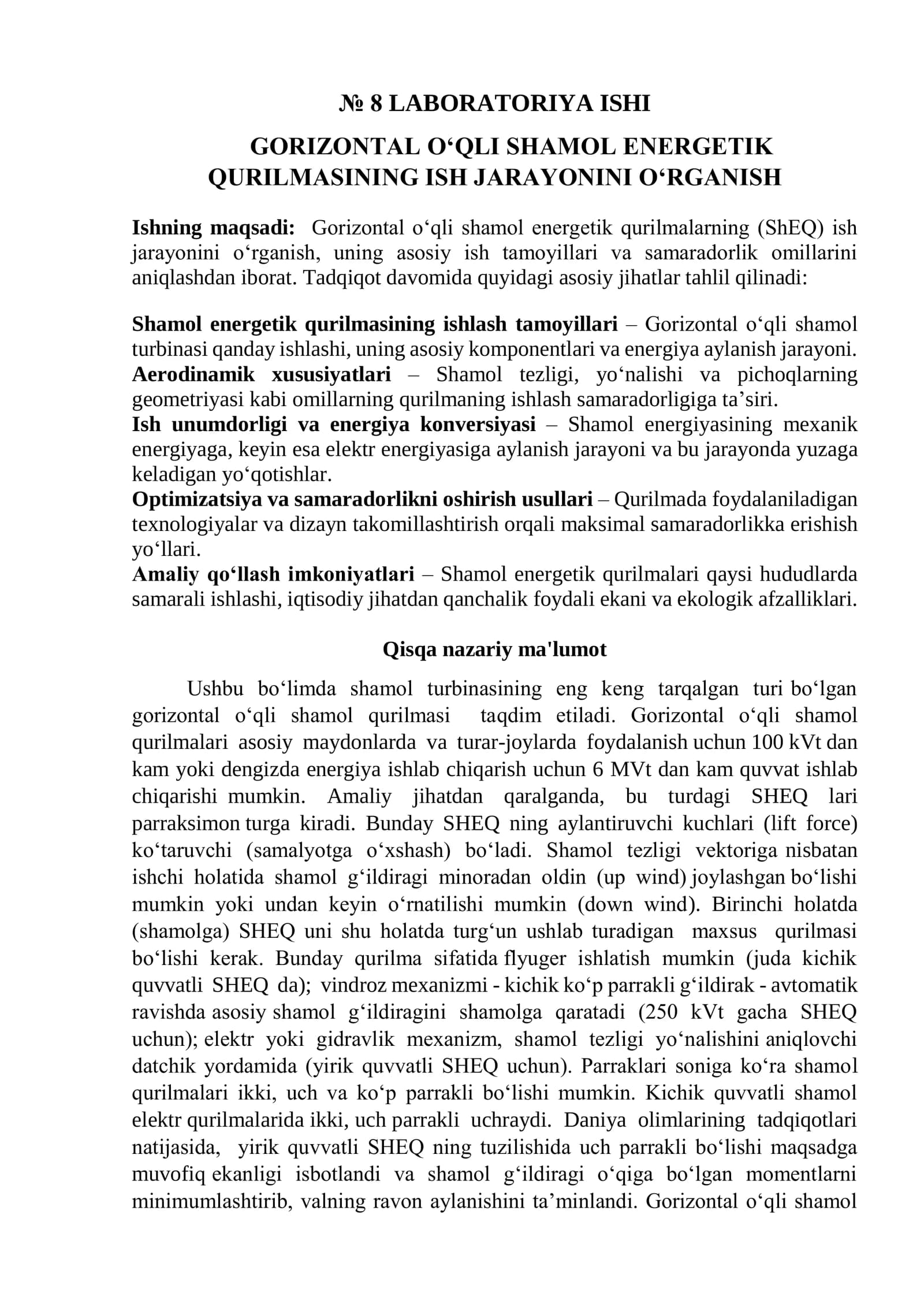 GORIZONTAL O‘QLI SHAMOL ENERGETIK  QURILMASINING ISH JARAYONINI O‘RGANISH