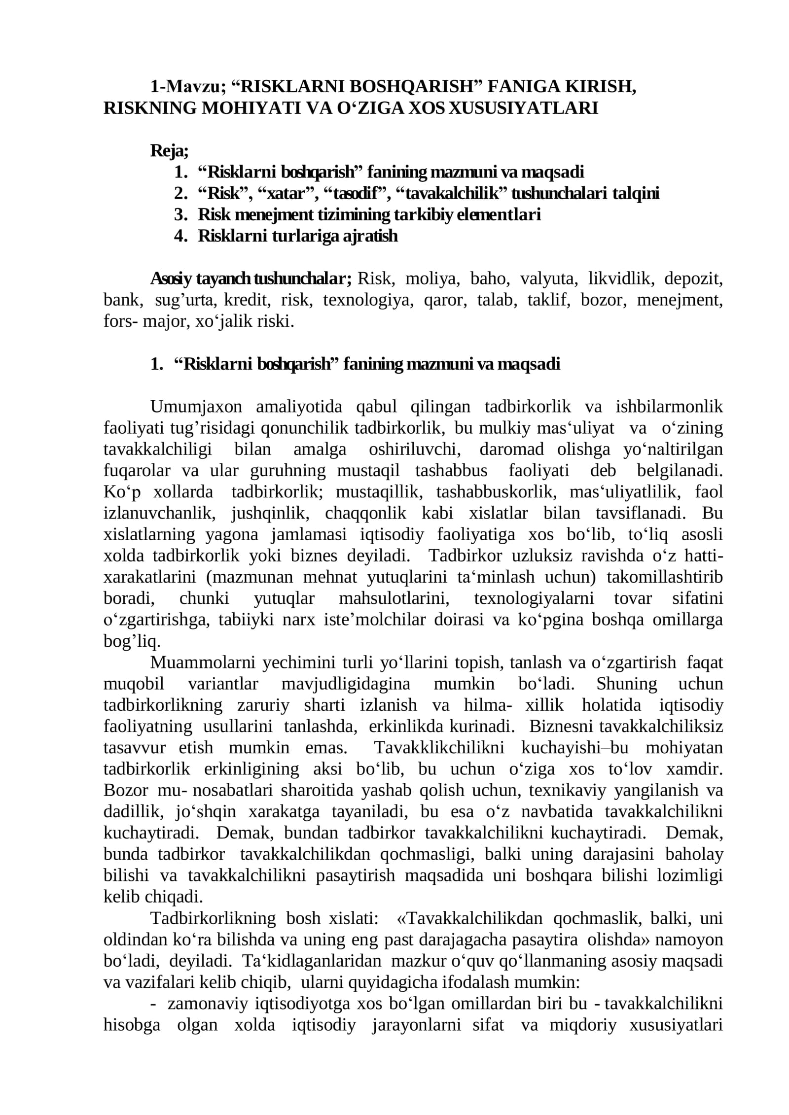 “RISKLARNI BOSHQARISH” FANIGA KIRISH,   RISKNING MOHIYATI VA OʻZIGA XOS XUSUSIYATLARI