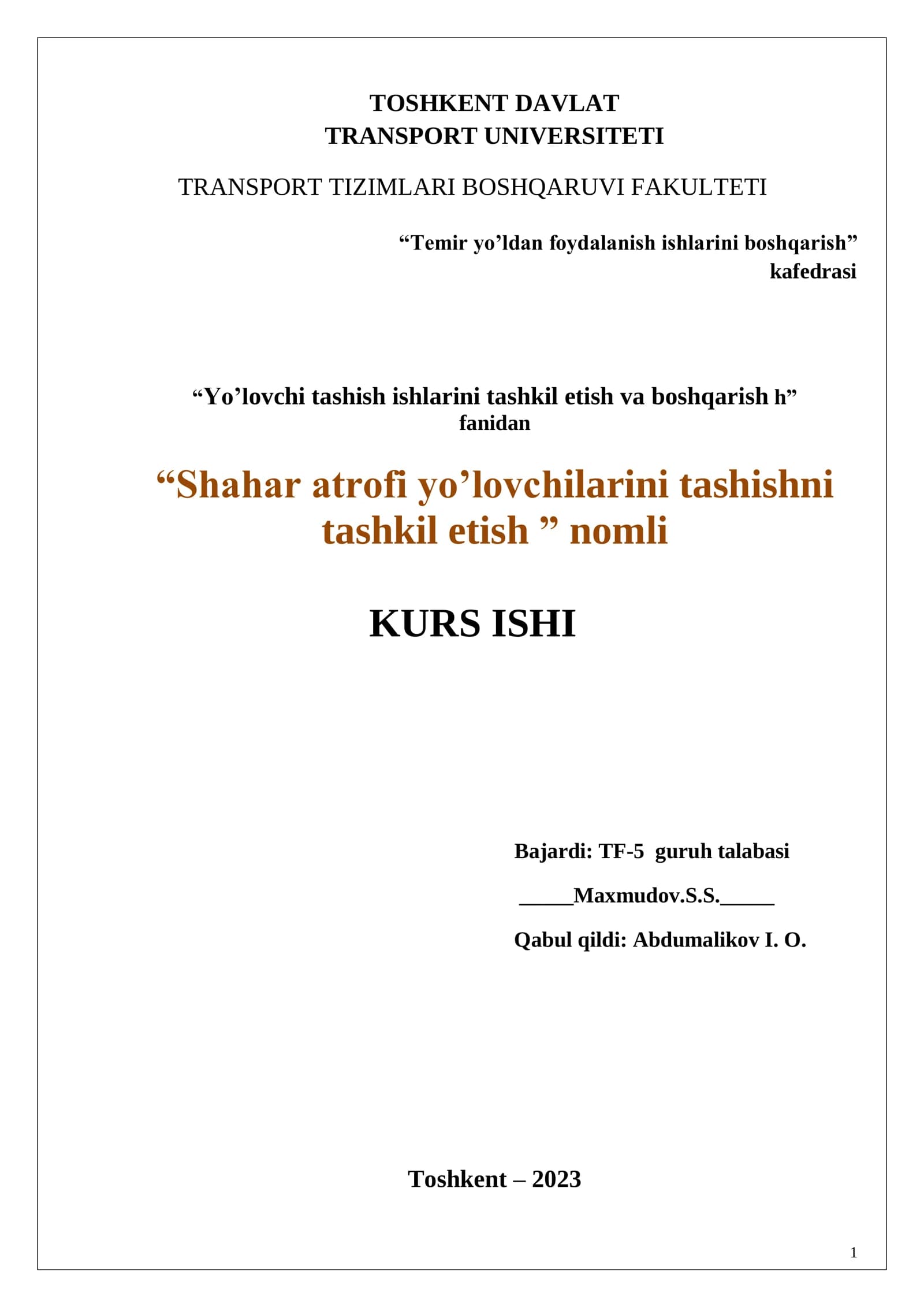 Temir yo’ldan foydalanish ishlarini boshqarish KURS ISHI