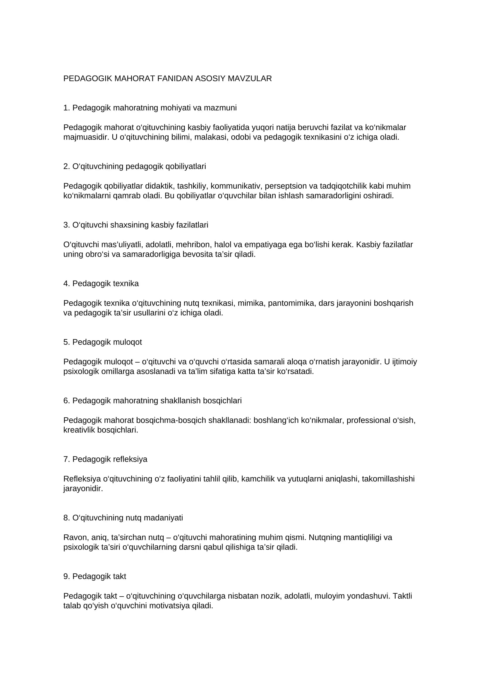 Pedagogik Mahorat Fanidan Asosiy Mavzular