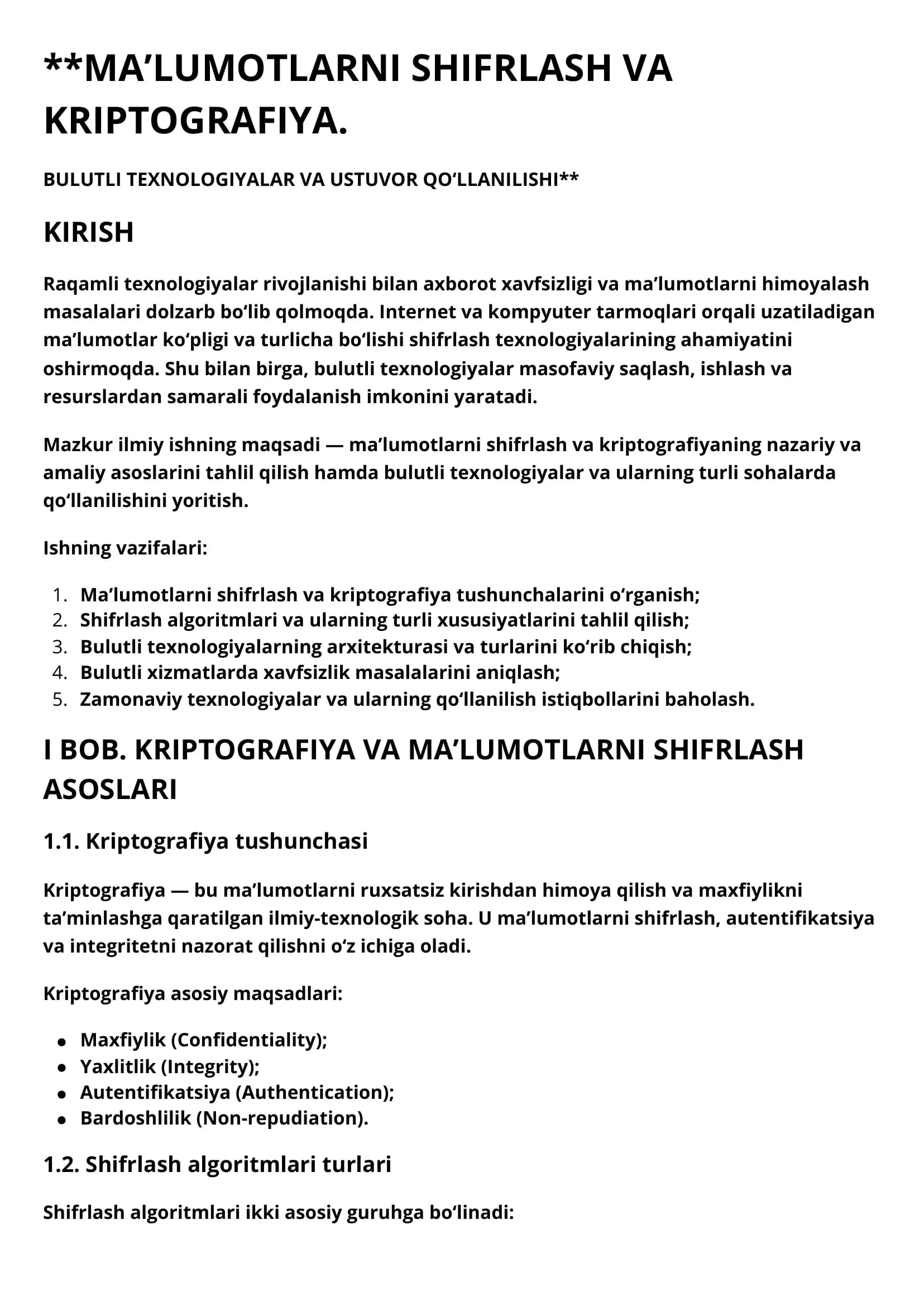 MA’LUMOTLARNI SHIFRLASH VA KRIPTOGRAFIYA