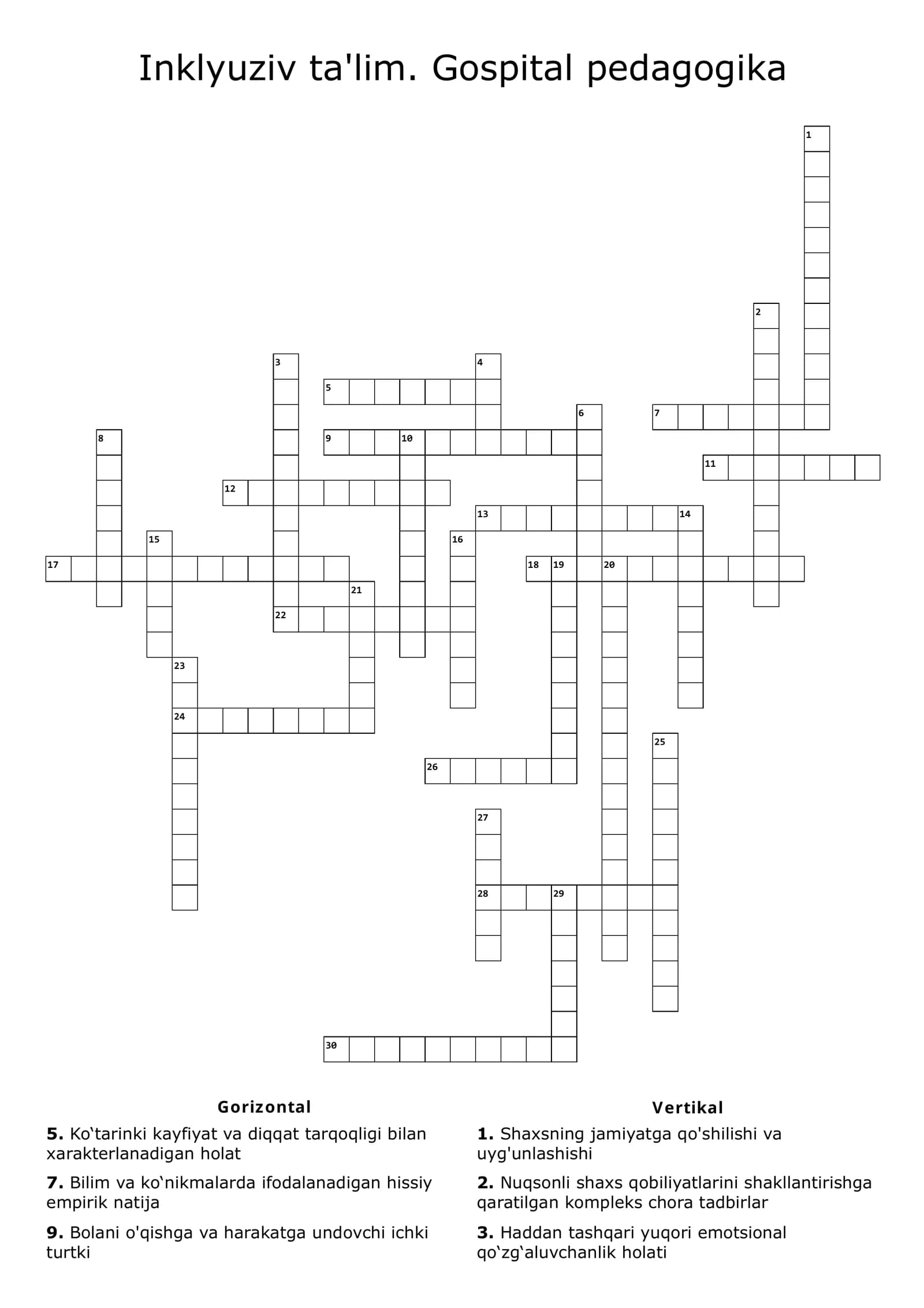 Inklyuziv ta'lim. Gospital pedagogika. Krossword