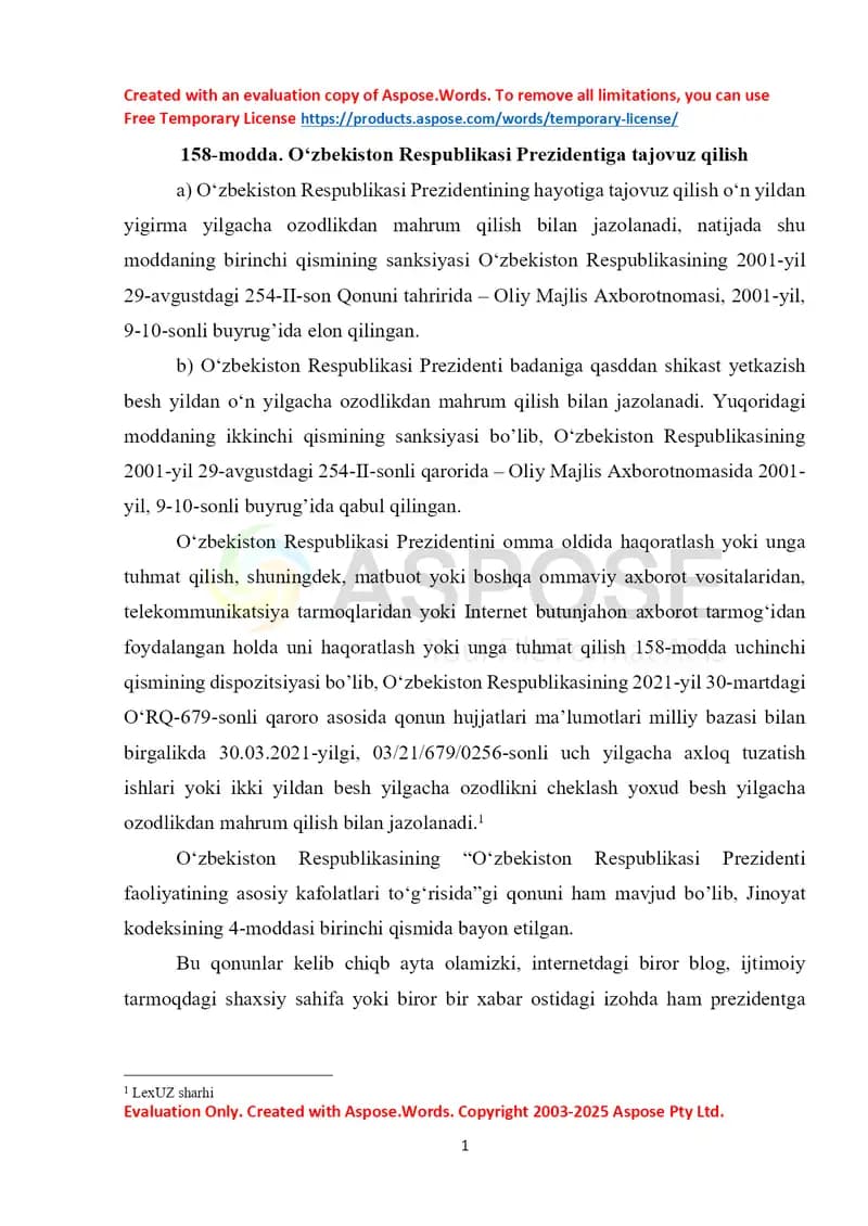 O'zbekiston Respublikasi Prezidentiga tajovuz qilish