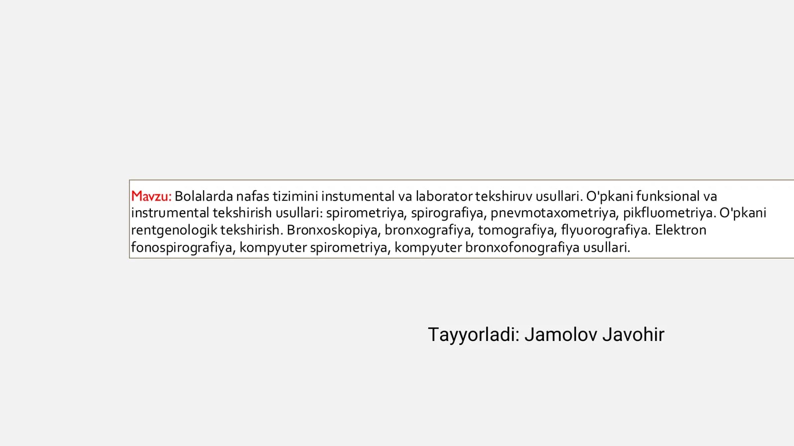Bolalarda nafas tizimini instumental va laborator tekshiruv usullari