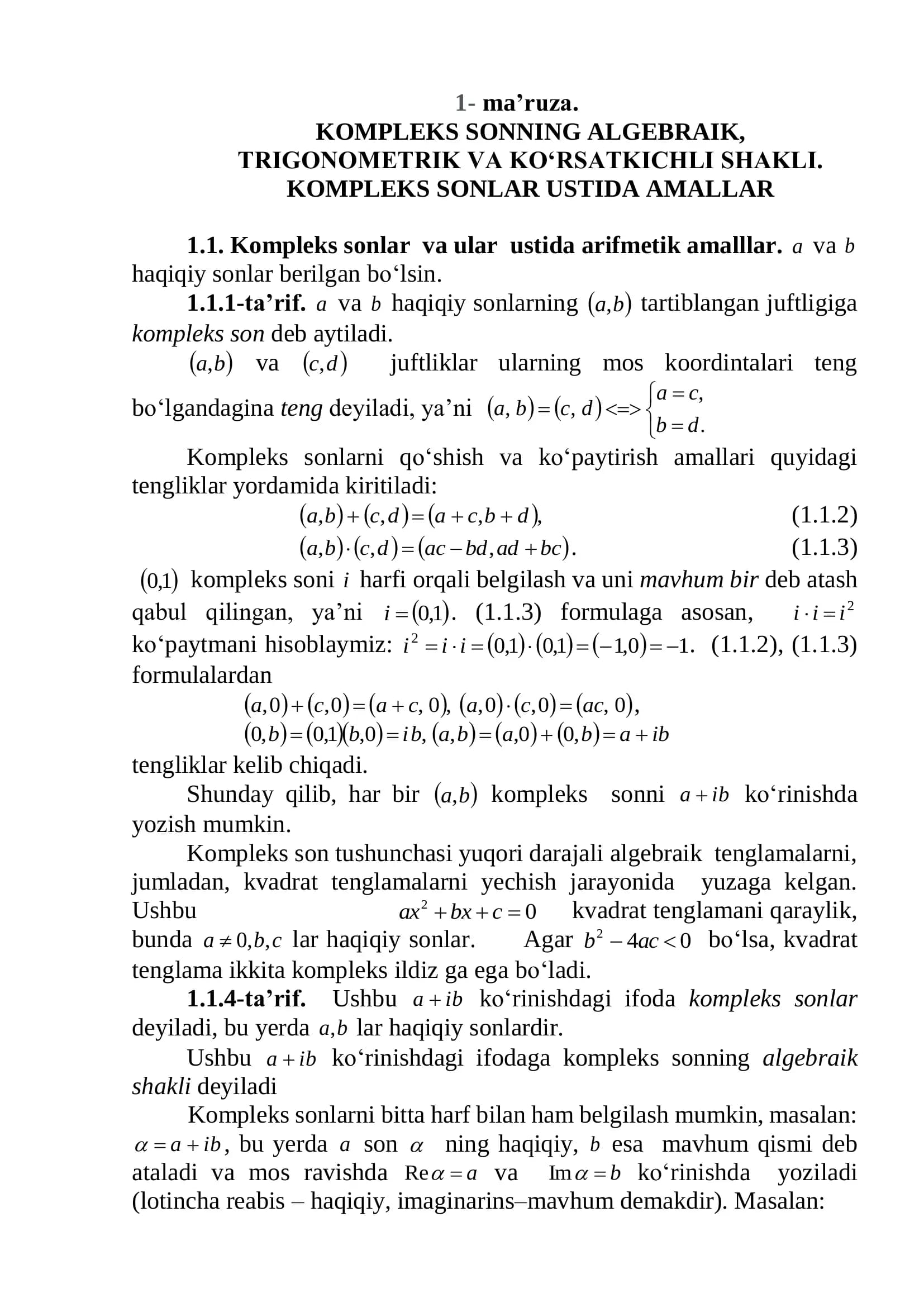 KOMPLEKS SONNING ALGEBRAIK, TRIGONOMETRIK VA KO‘RSATKICHLI SHAKLI. KOMPLEKS SONLAR USTIDA AMALLAR