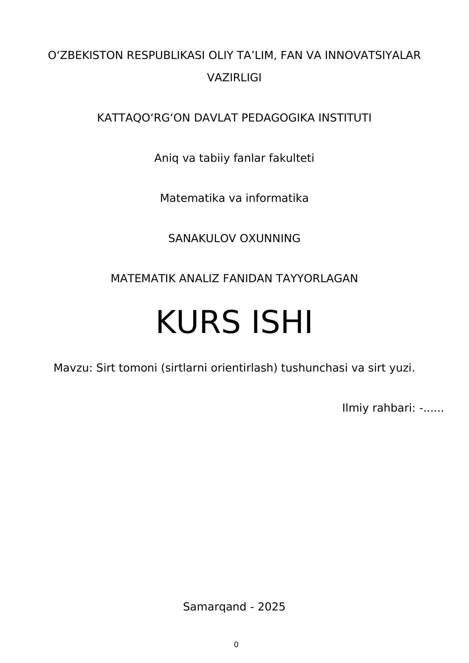 Sirt tomoni (sirtlarni orientirlash) tushunchasi va sirt yuzi KURS ISHI
