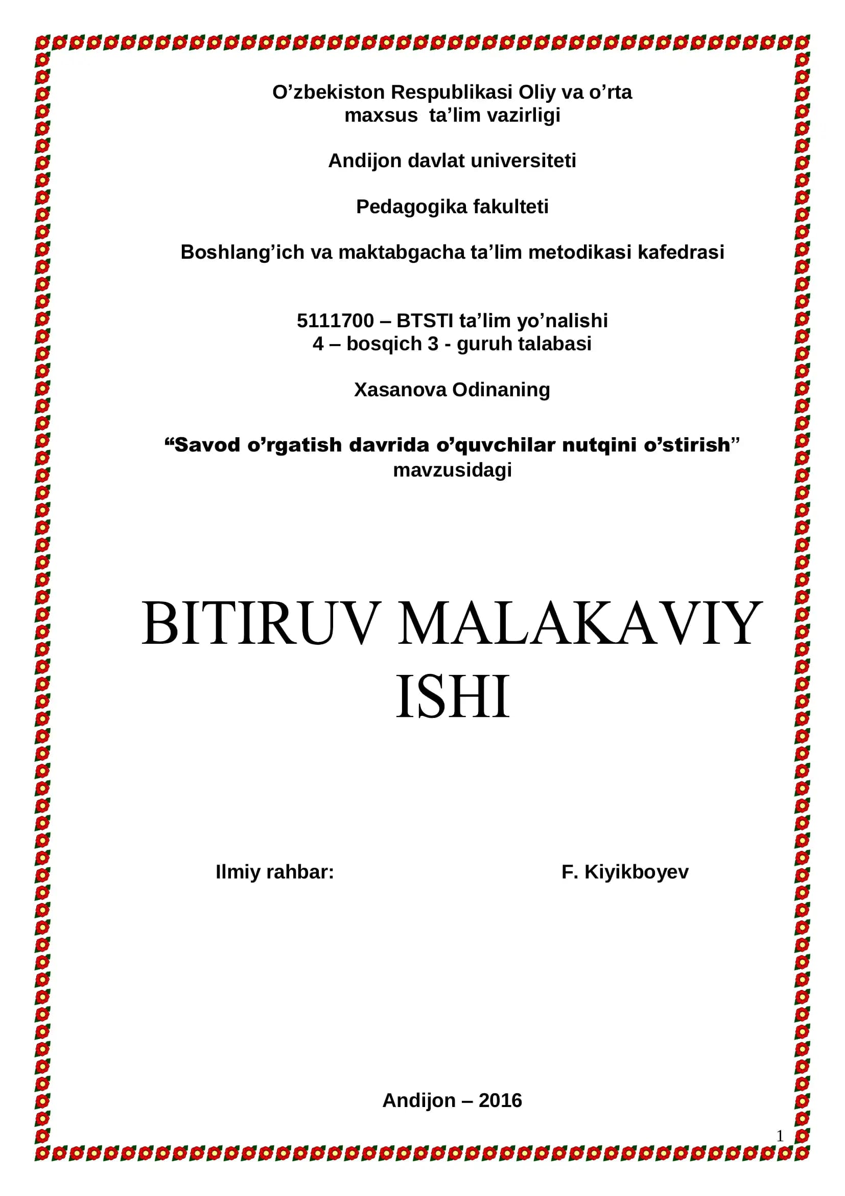 "Savod o’rgatish davrida o’quvchilar nutqini o’stirish"