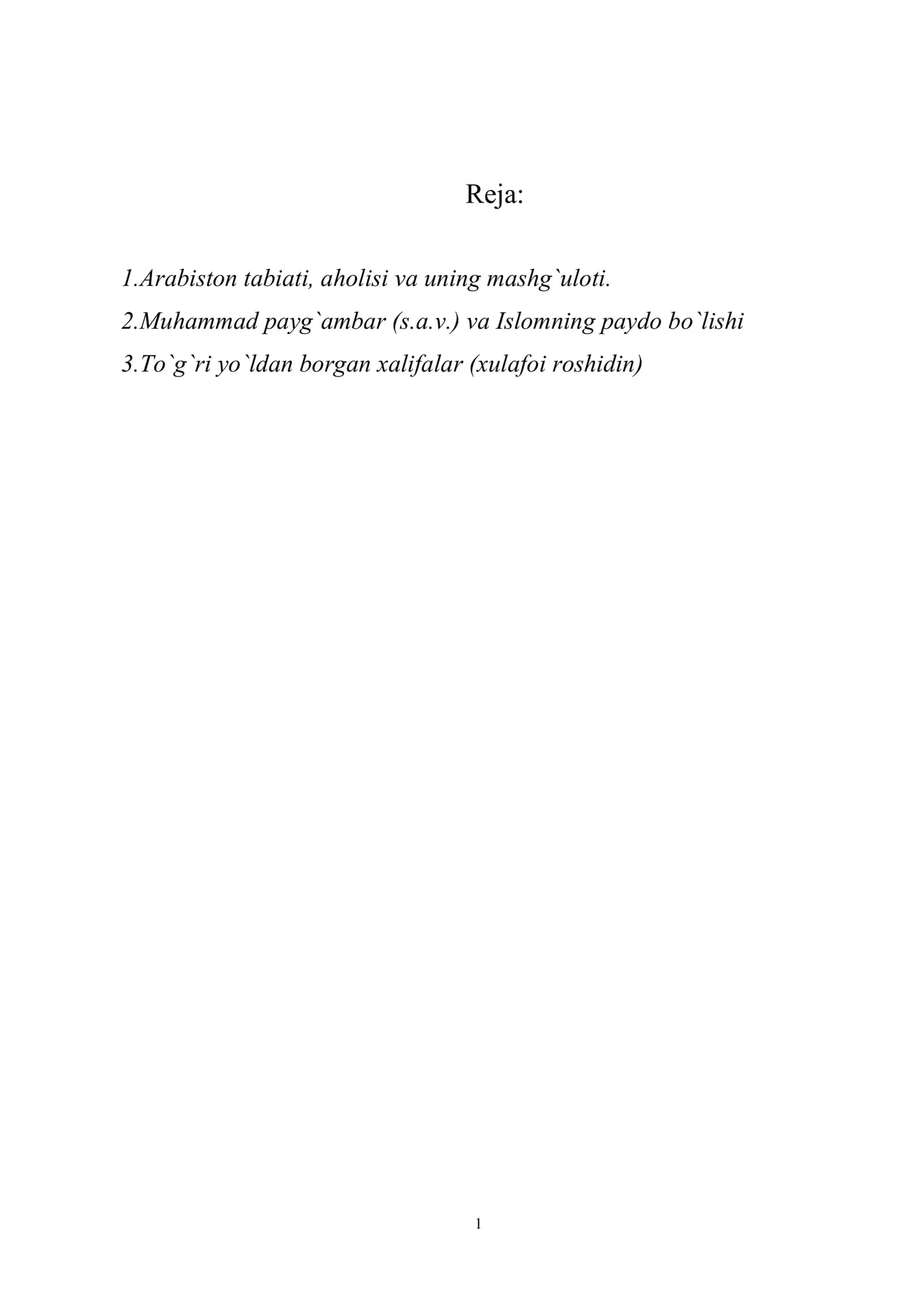 Muhammad payg`ambar (s.a.v.) va Islomning paydo bo`lishi