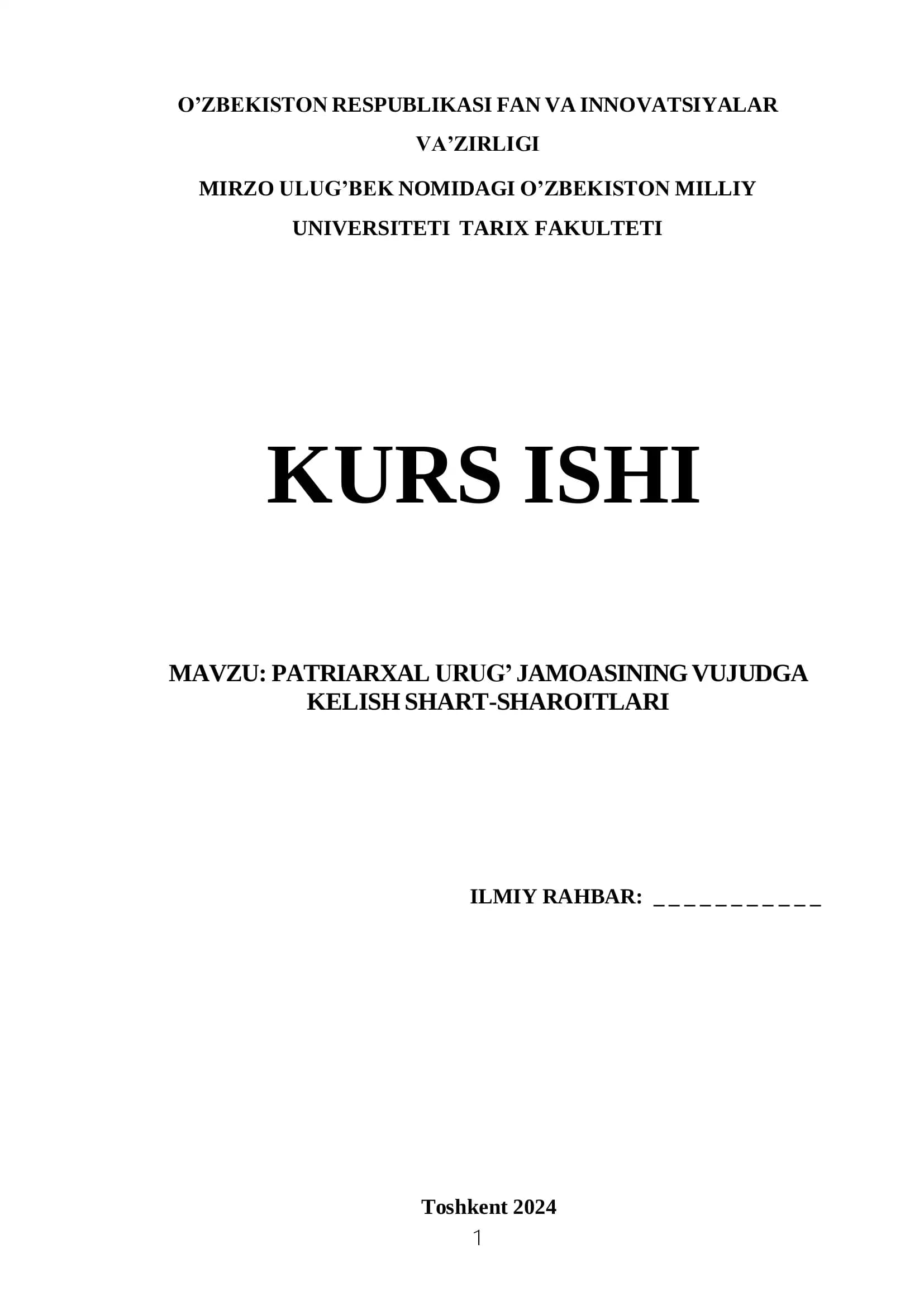 PATRIARXAL URUG’ JAMOASINING VUJUDGA KELISH SHART-SHAROITLARI