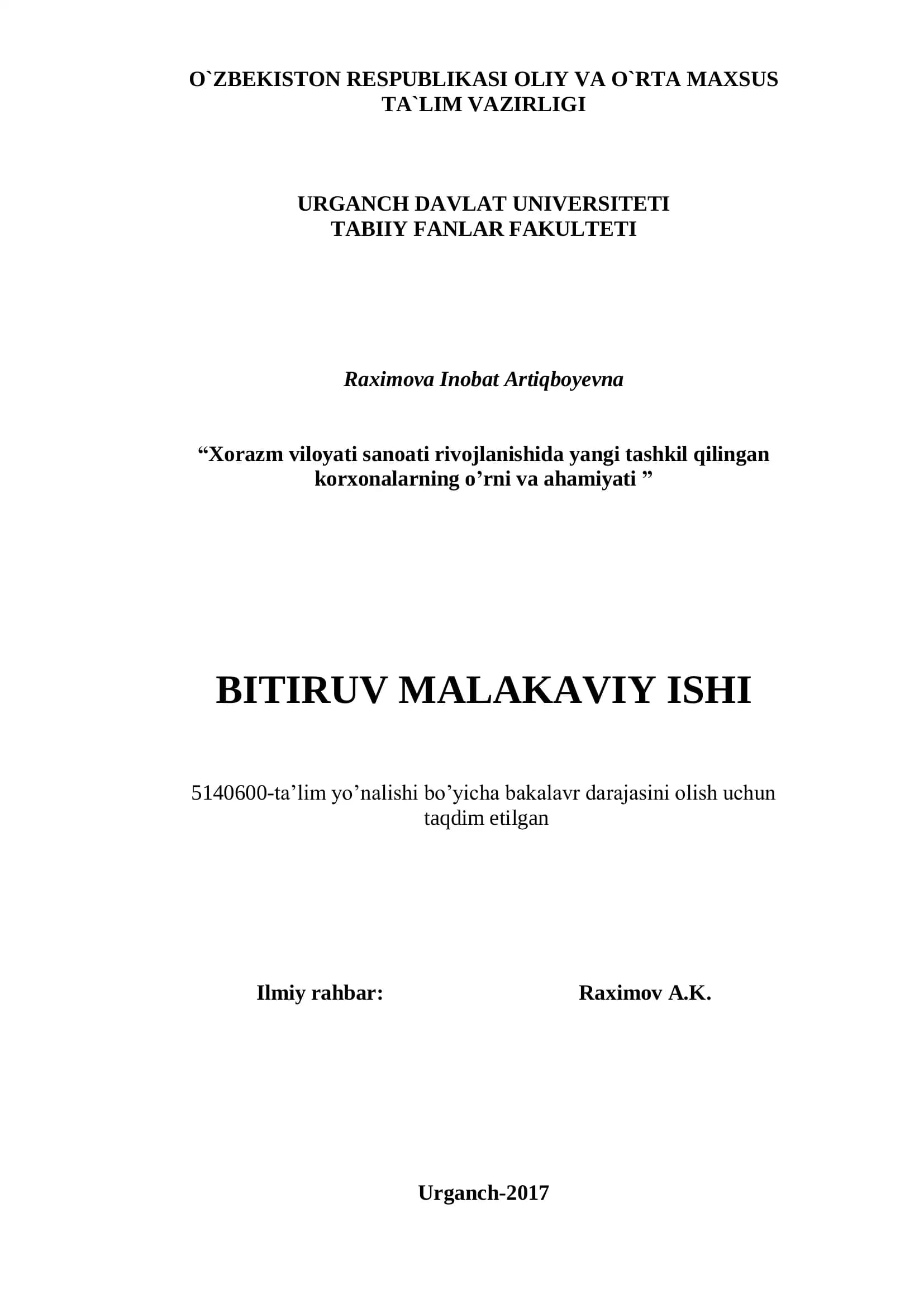 XORAZM VILOYATI SANOATI RIVOJLANISHIDA YANGI TASHKIL QILINGAN KORXONALARNING O'RNI VA AHAMIYATI