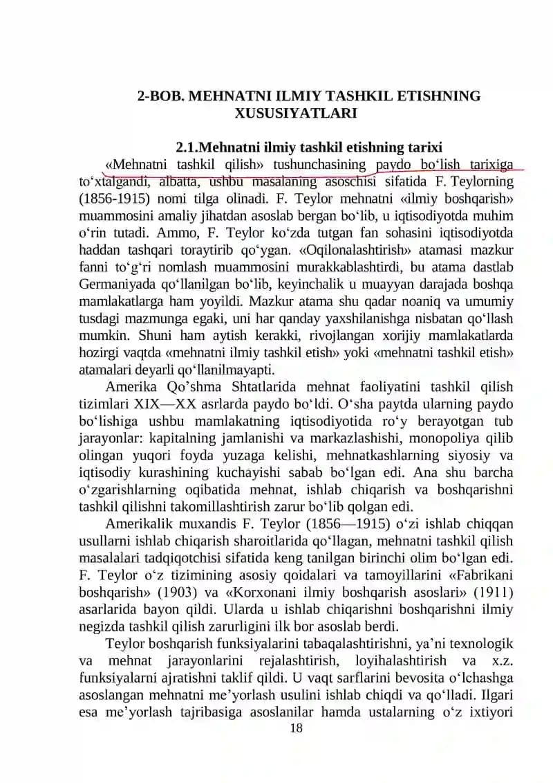 BOB. MEHNATNI ILMIY TASHKIL ETISHNING XUSUSIYATLARI