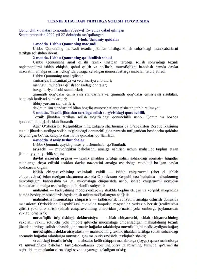Texnik jihatdan tartibga solish to‘g‘risida