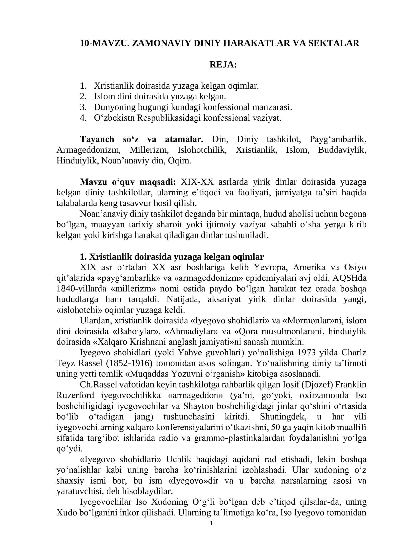 ZAMONAVIY DINIY HARAKATLAR VA SEKTALAR