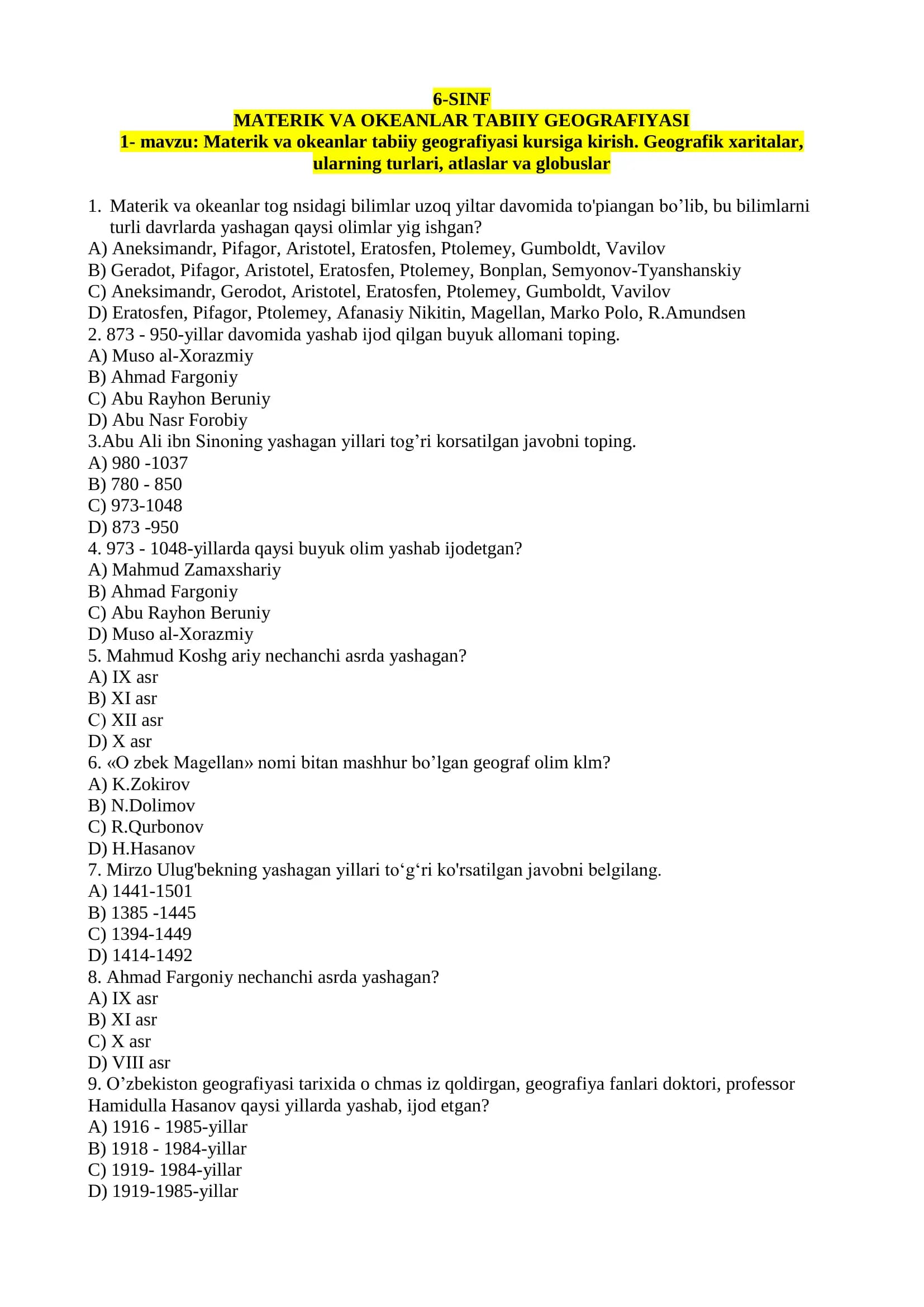 MATERIK VA OKEANLAR TABIIY GEOGRAFIYASI