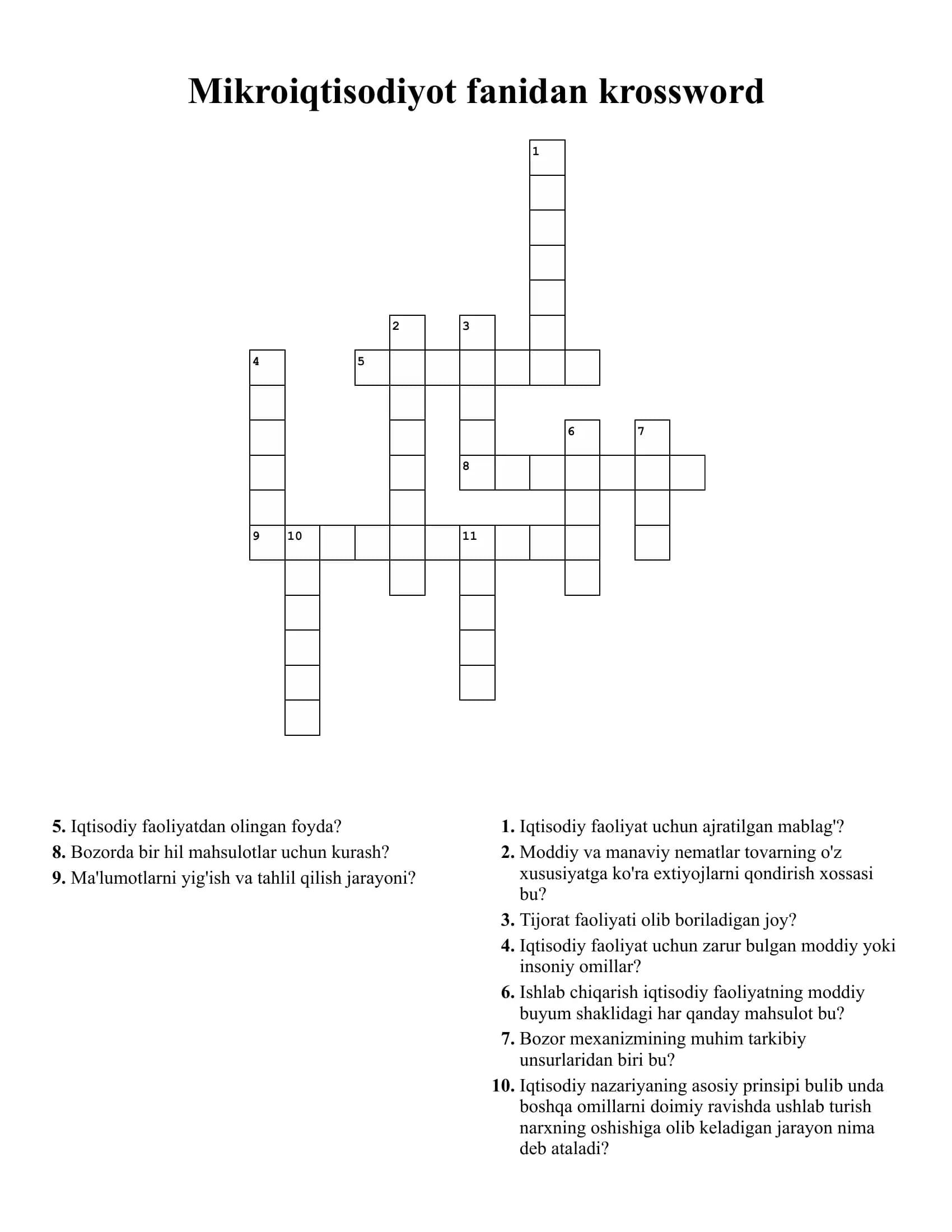 Mikroiqtisodiyot fanidan krossword