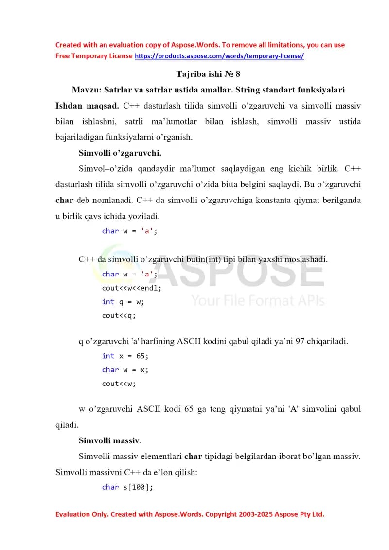 Satrlar va satrlar ustida amallar. String standart funksiyalari
