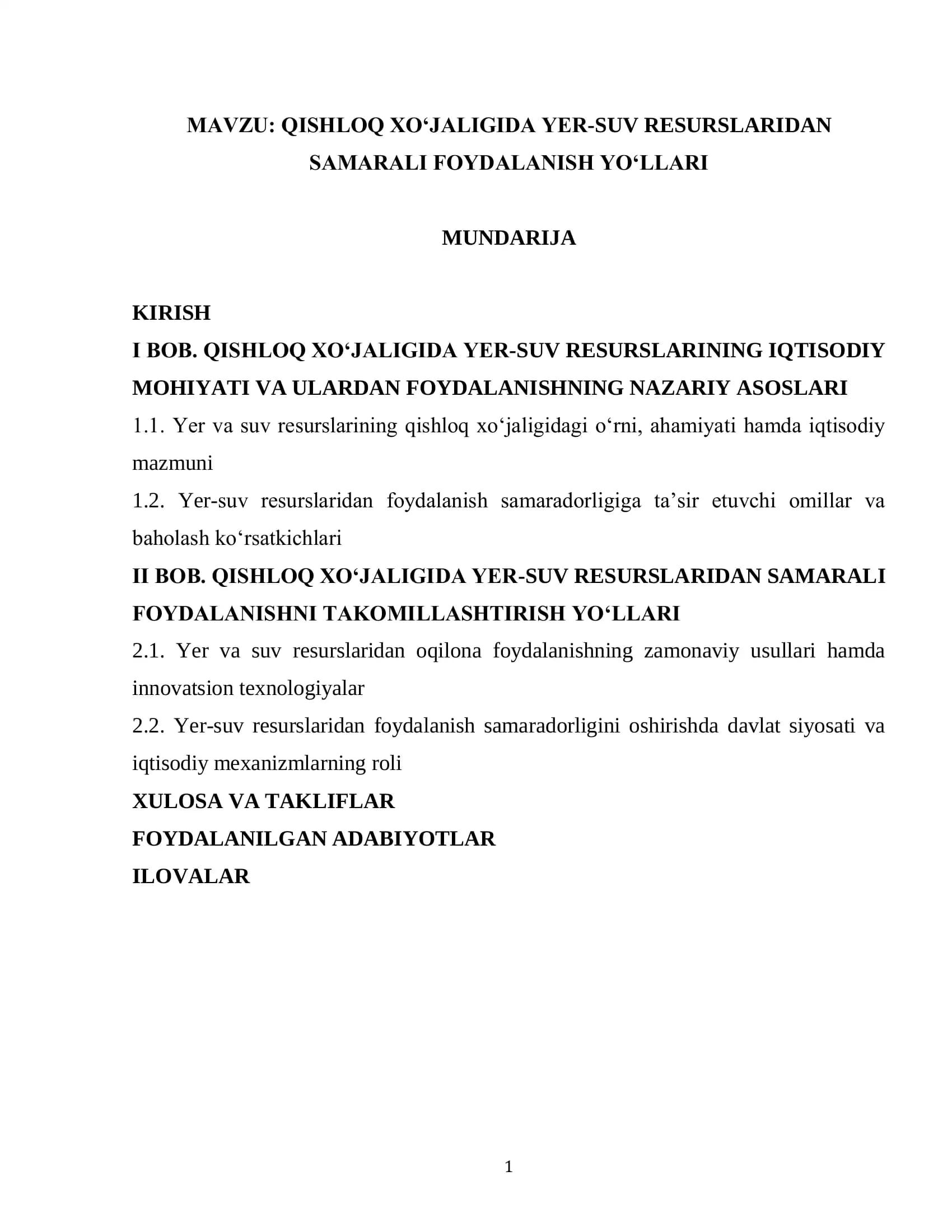 QISHLOQ XOʻJALIGIDA YER-SUV RESURSLARIDAN SAMARALI FOYDALANISH YOʻLLARI mavzusida kurs ishi