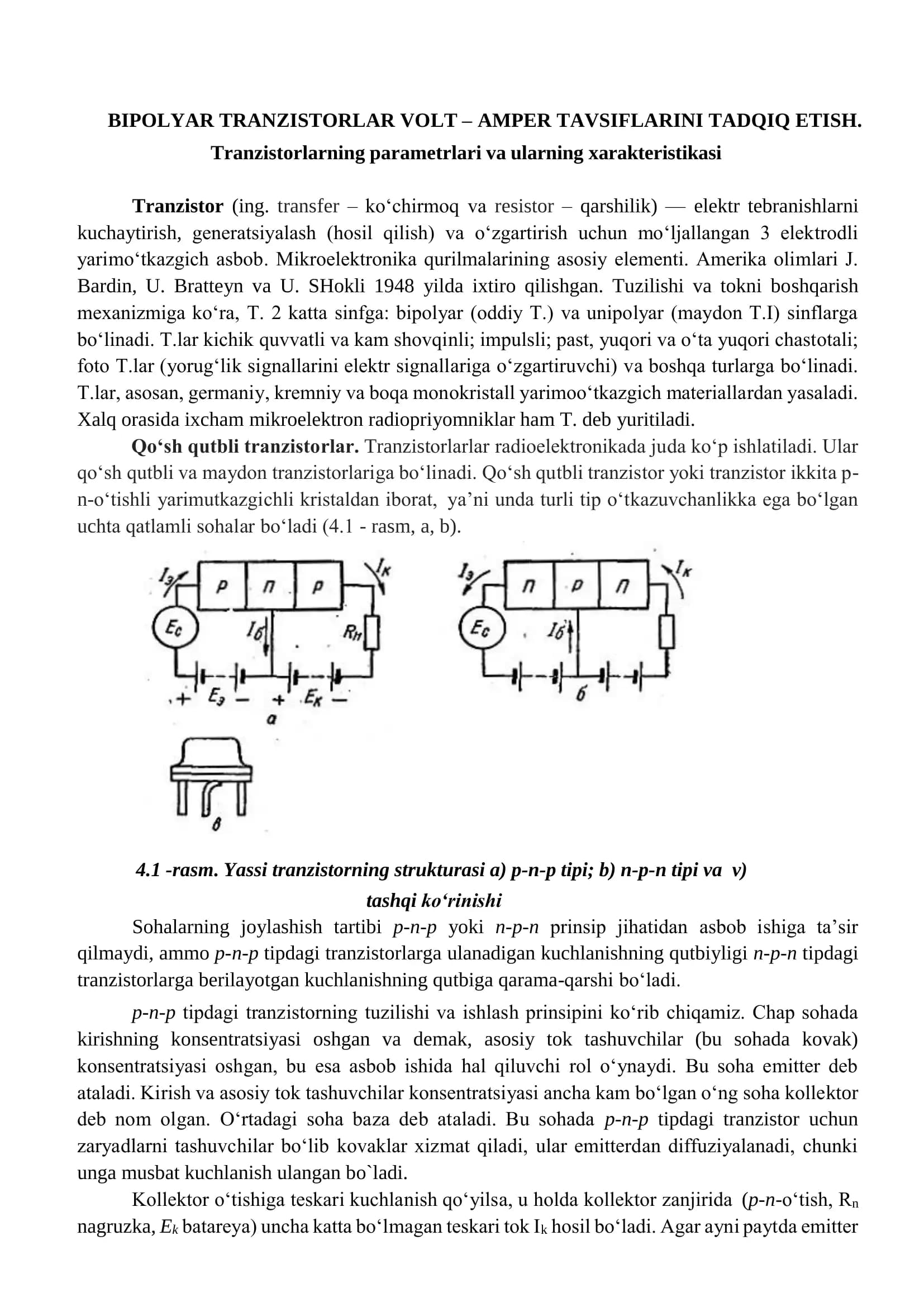 BIPOLYAR TRANZISTORLAR VOLT – AMPER TAVSIFLARINI TADQIQ ETISH