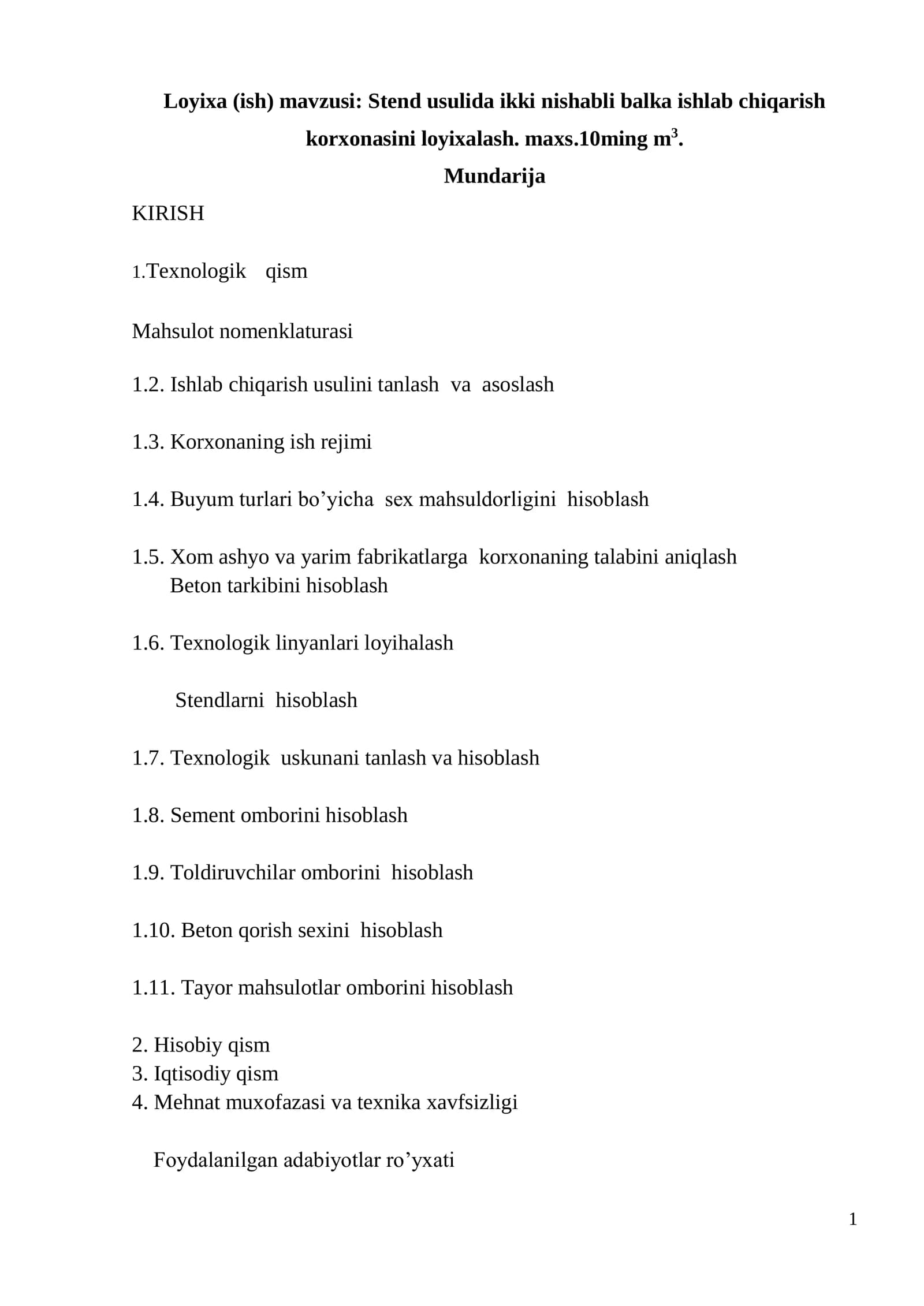 Stend usulida ikki nishabli balka ishlab chiqarish korxonasini loyixalash.
